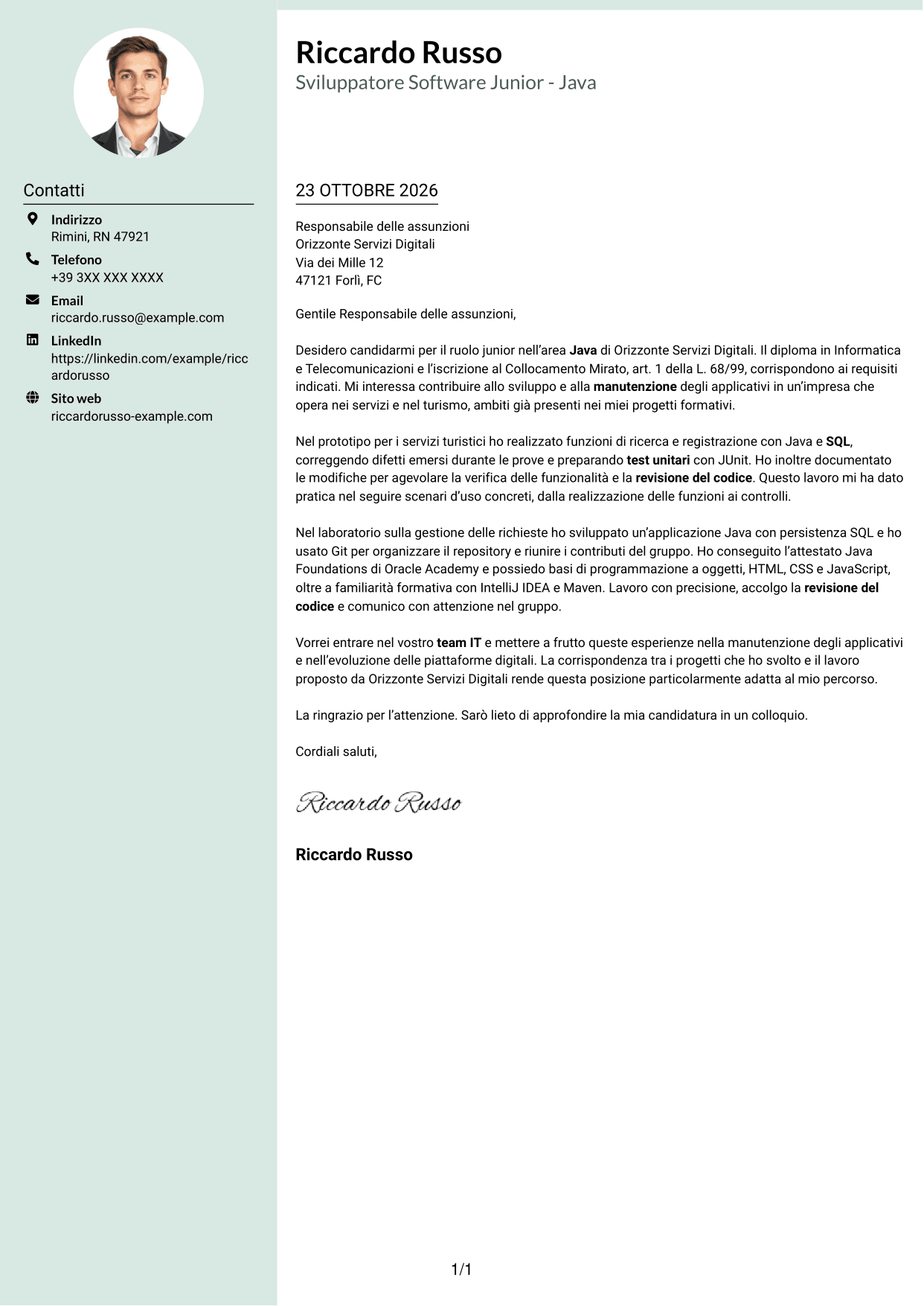 Lettera di presentazione Dirigente (formato con colonna laterale tenue e foto arrotondata): Sviluppatore Software Junior - Java, pagina 1