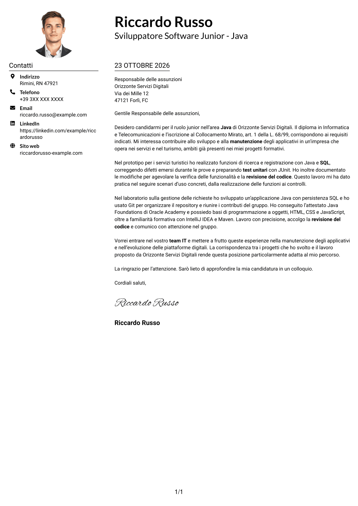 Esempio di lettera di presentazione — pagina 1