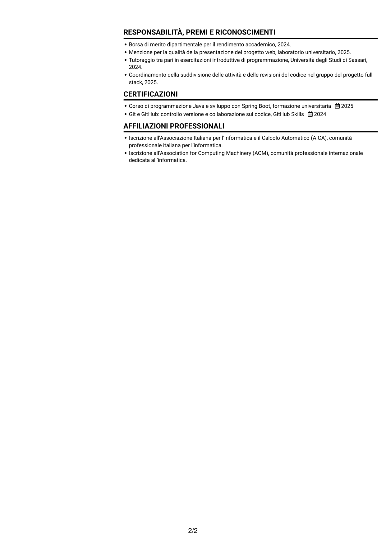 CV Compatto (formato sobrio a due colonne con foto): Sviluppatore Software Junior - Sviluppo Full Stack, pagina 2