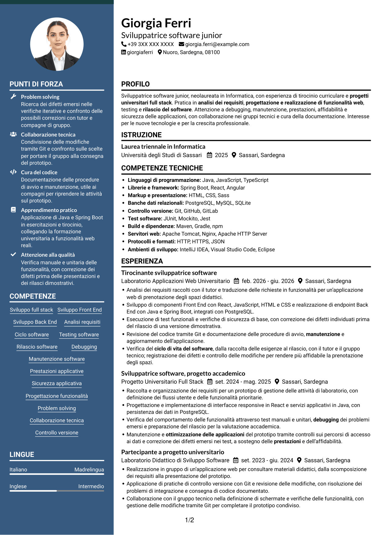 CV Elegante (formato con colonna laterale colorata e foto): Sviluppatore Software Junior - Sviluppo Full Stack, pagina 1