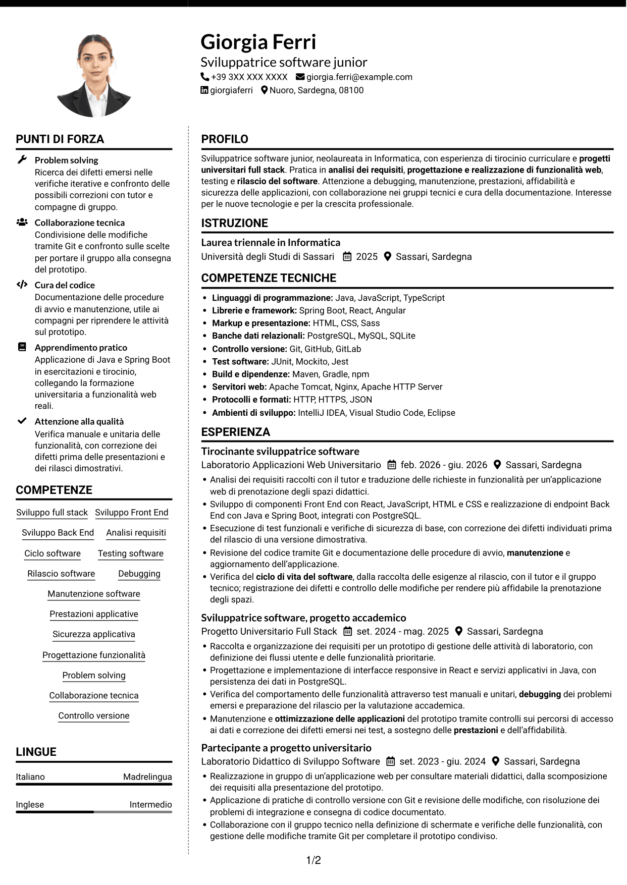 CV Moderno (formato a due colonne con foto a sinistra e separatore): Sviluppatore Software Junior - Sviluppo Full Stack, pagina 1
