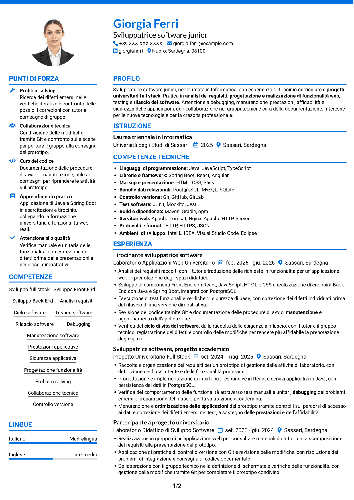 CV Audace (formato a due colonne con accenti colorati e foto): Sviluppatore Software Junior - Sviluppo Full Stack, pagina 1