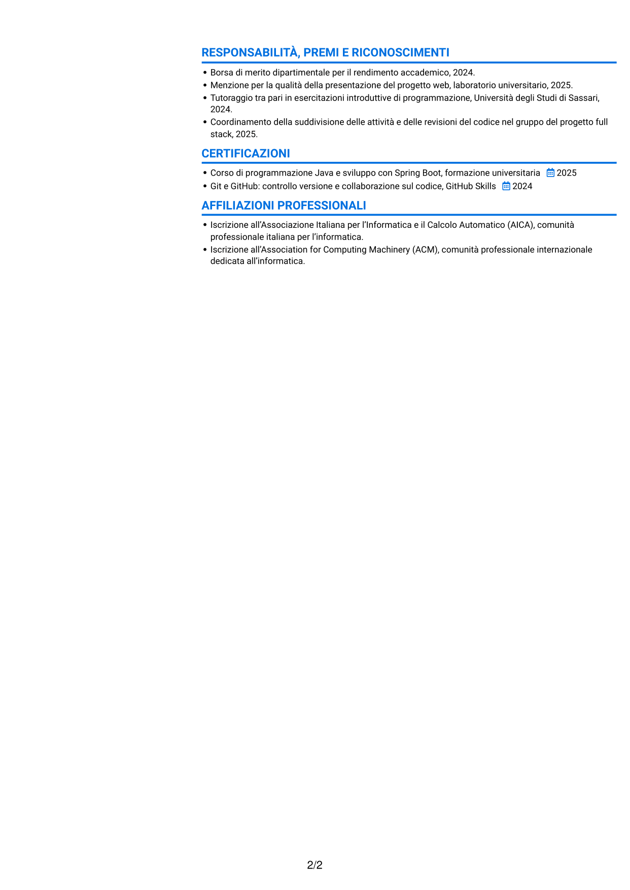 CV Audace (formato a due colonne con accenti colorati e foto): Sviluppatore Software Junior - Sviluppo Full Stack, pagina 2
