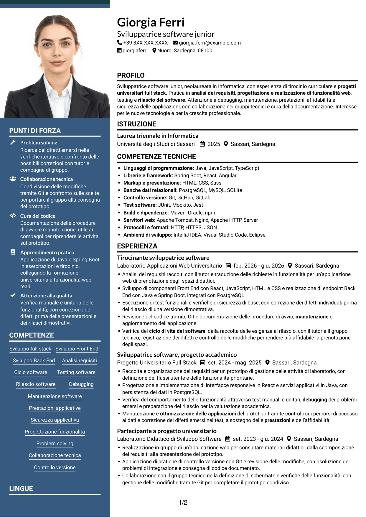 CV Signature (formato con colonna laterale colorata e foto grande): Sviluppatore Software Junior - Sviluppo Full Stack, pagina 1
