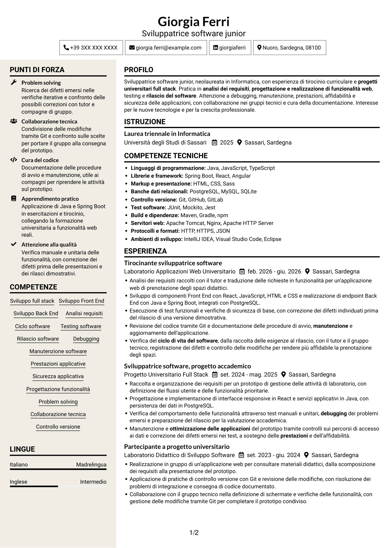CV Intraprendente (formato a due colonne con intestazione centrata senza foto): Sviluppatore Software Junior - Sviluppo Full Stack, pagina 1