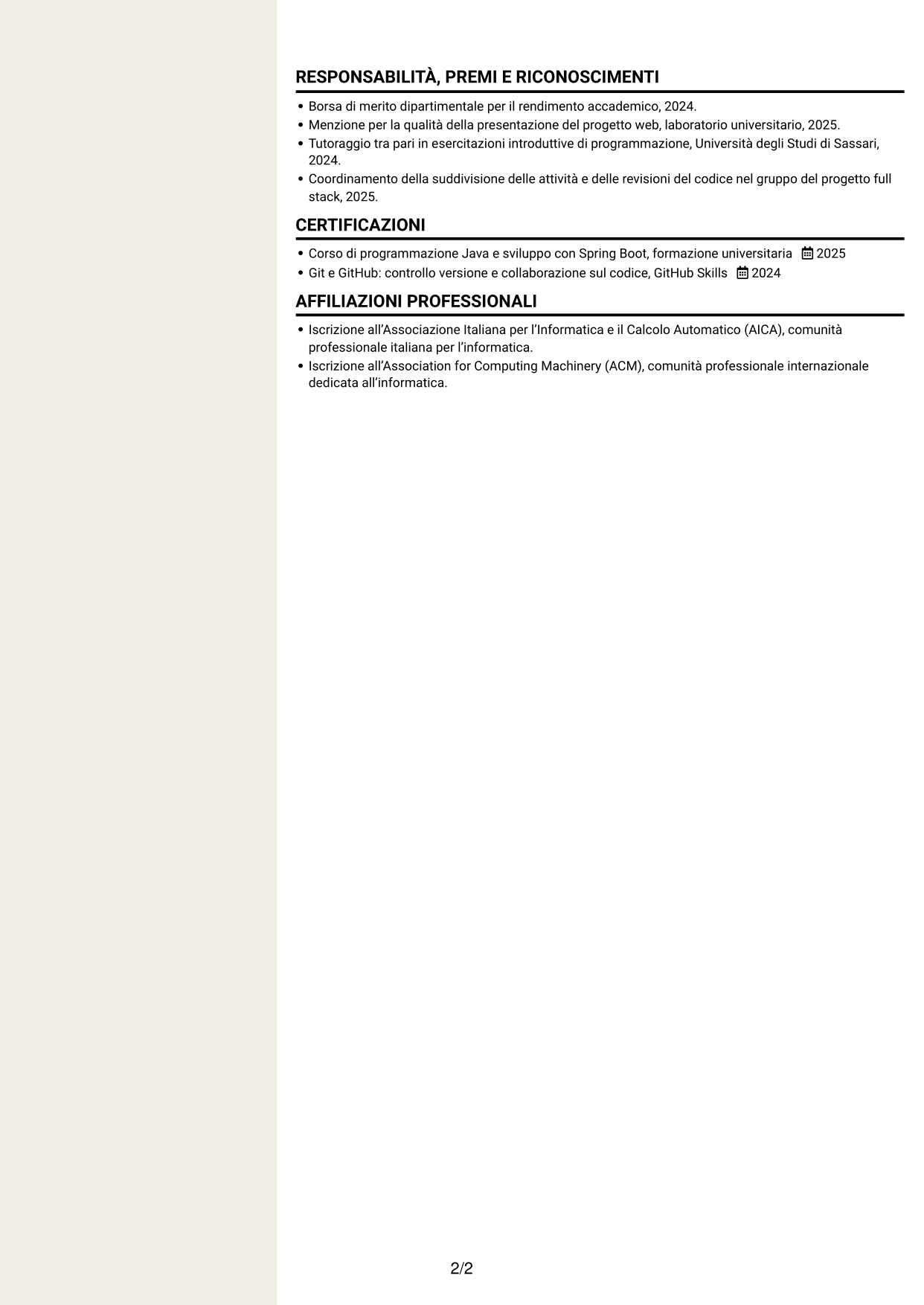 CV Intraprendente (formato a due colonne con intestazione centrata senza foto): Sviluppatore Software Junior - Sviluppo Full Stack, pagina 2
