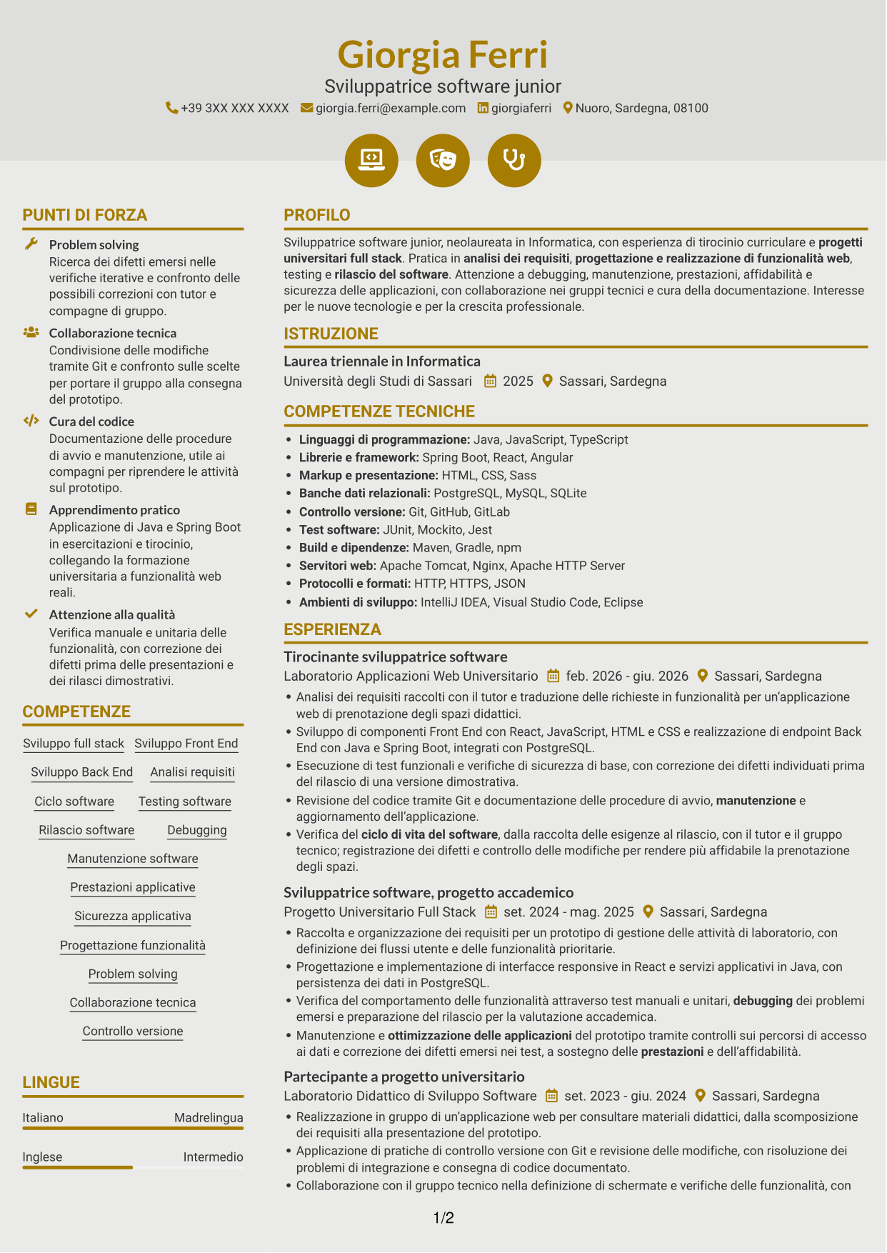 CV Dinamico (formato a due colonne con icone): Sviluppatore Software Junior - Sviluppo Full Stack, pagina 1