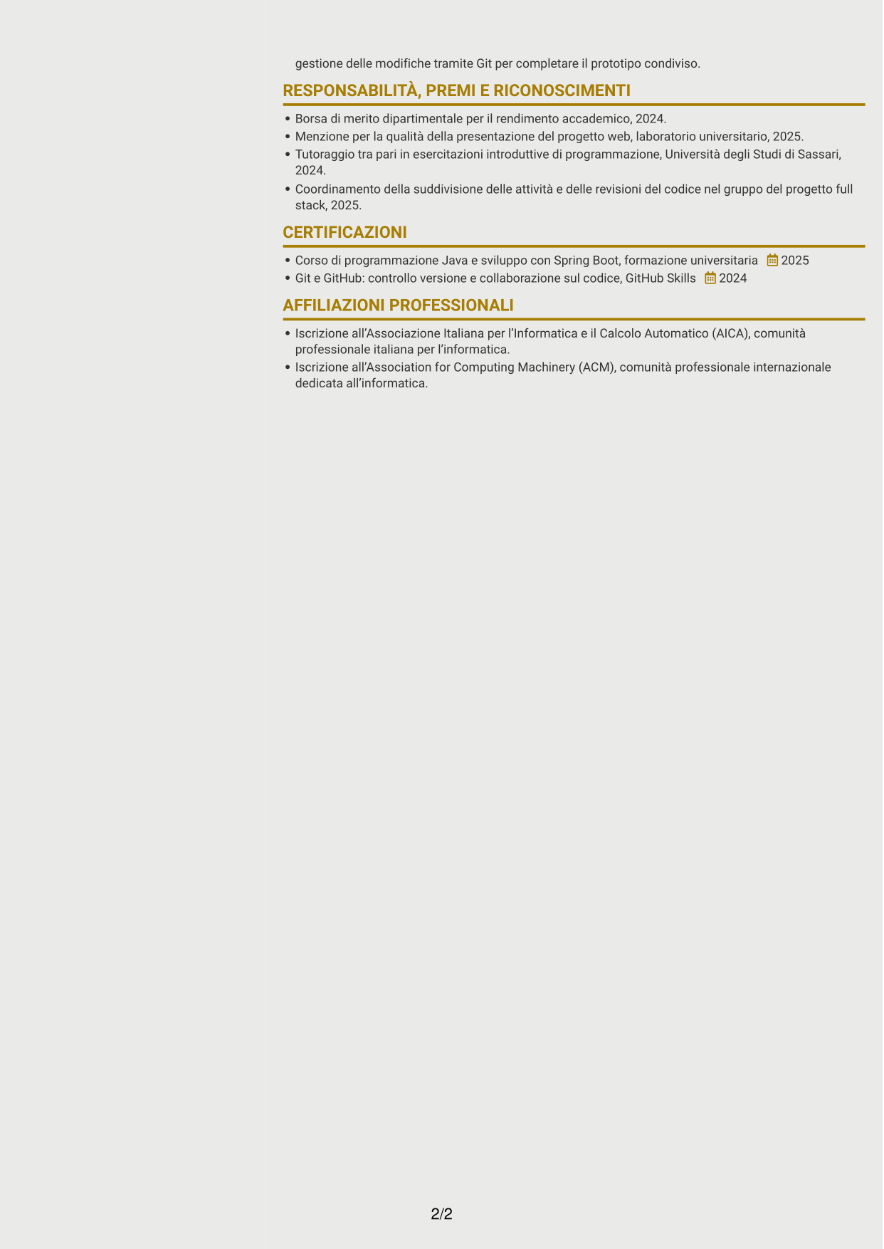 CV Dinamico (formato a due colonne con icone): Sviluppatore Software Junior - Sviluppo Full Stack, pagina 2