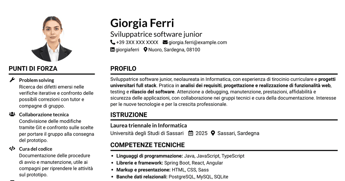 7 modelli di CV per Sviluppatore Software Junior - Sviluppo Full Stack, con esempi