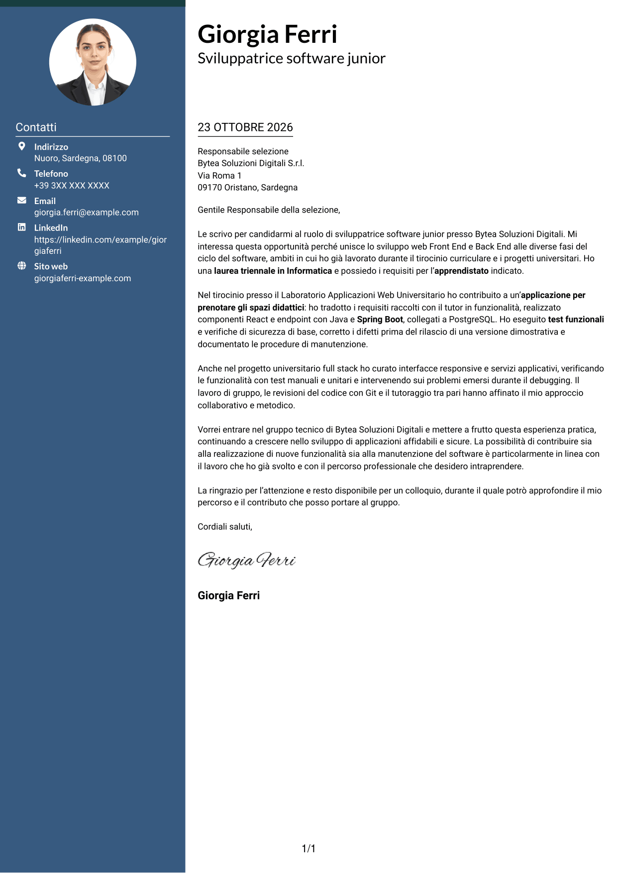 Lettera di presentazione Elegante (formato con colonna laterale colorata e foto): Sviluppatore Software Junior - Sviluppo Full Stack, pagina 1
