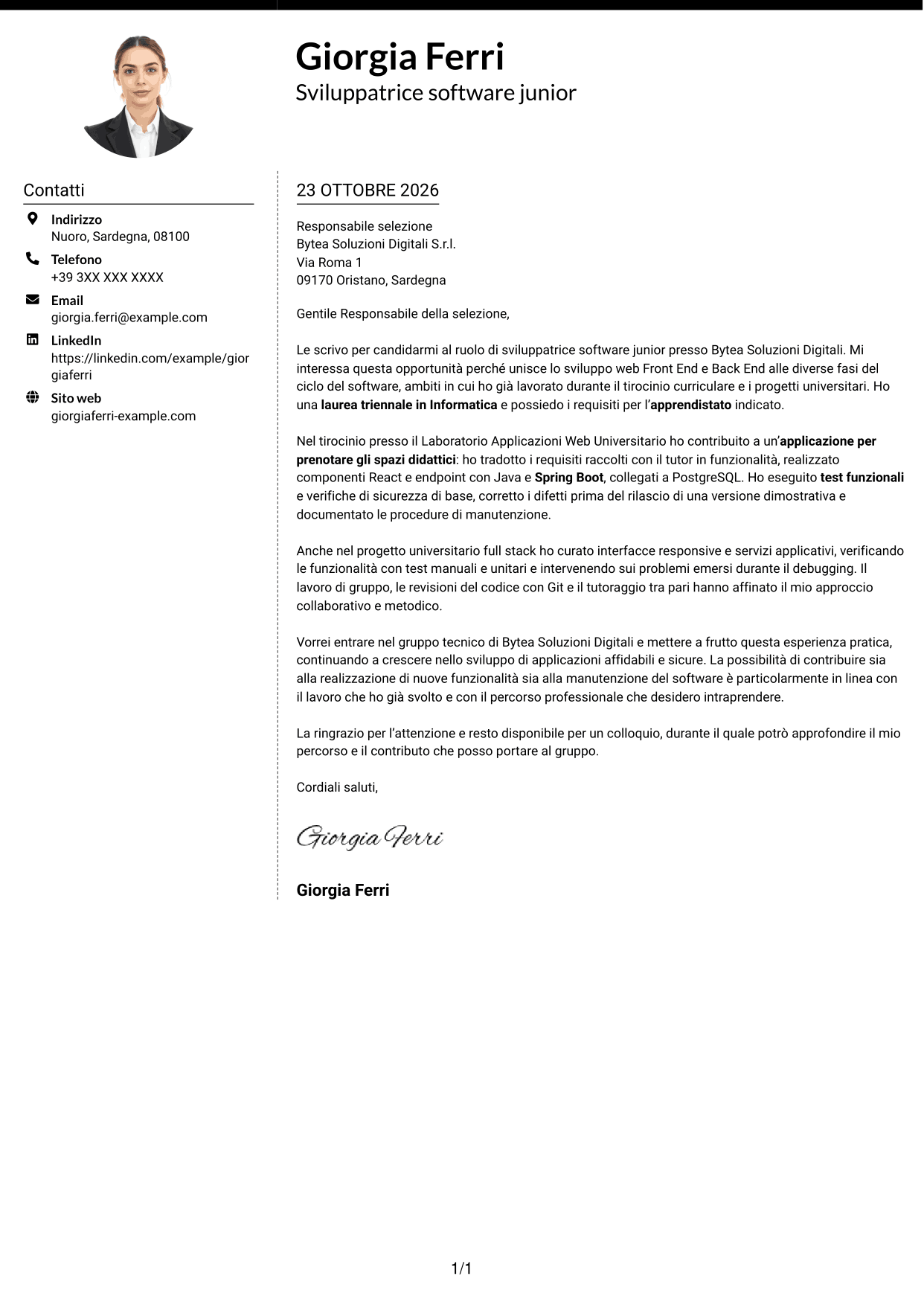 Lettera di presentazione Moderno (formato a due colonne con foto a sinistra e separatore): Sviluppatore Software Junior - Sviluppo Full Stack, pagina 1