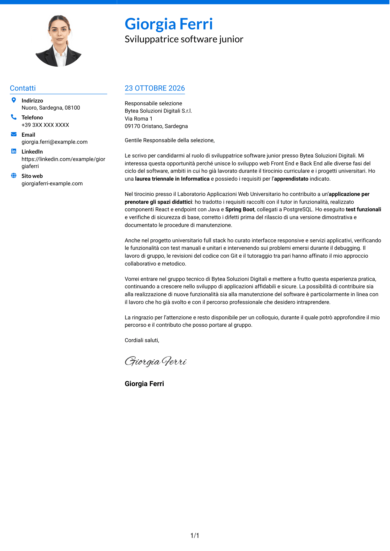 Lettera di presentazione Audace (formato a due colonne con accenti colorati e foto): Sviluppatore Software Junior - Sviluppo Full Stack, pagina 1