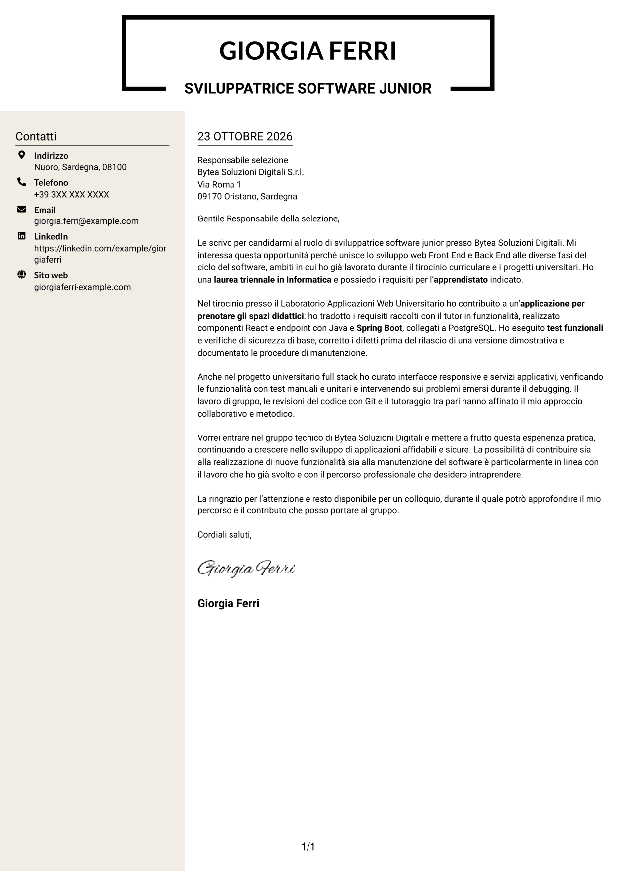 Lettera di presentazione Intraprendente (formato a due colonne con intestazione centrata senza foto): Sviluppatore Software Junior - Sviluppo Full Stack, pagina 1