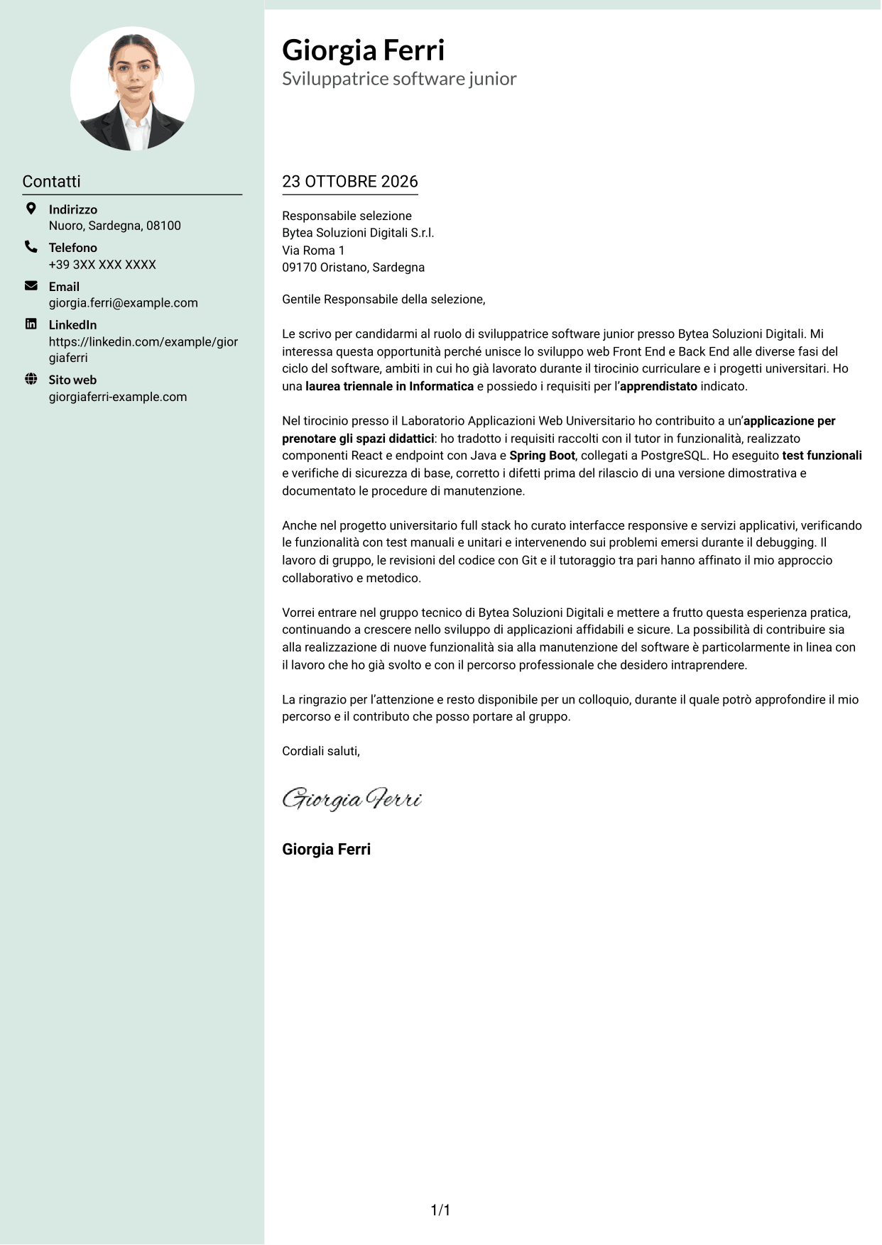 Lettera di presentazione Dirigente (formato con colonna laterale tenue e foto arrotondata): Sviluppatore Software Junior - Sviluppo Full Stack, pagina 1