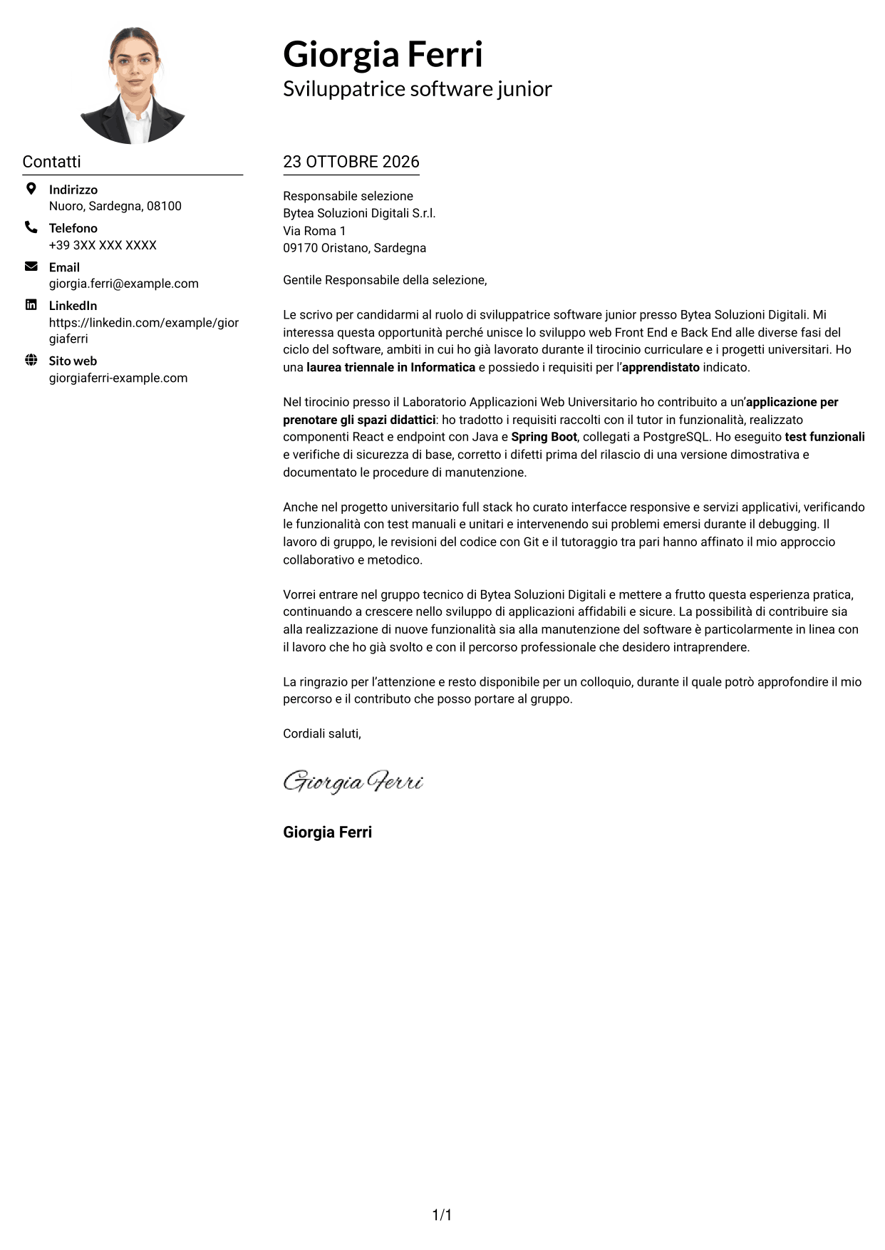 Esempio di lettera di presentazione — pagina 1