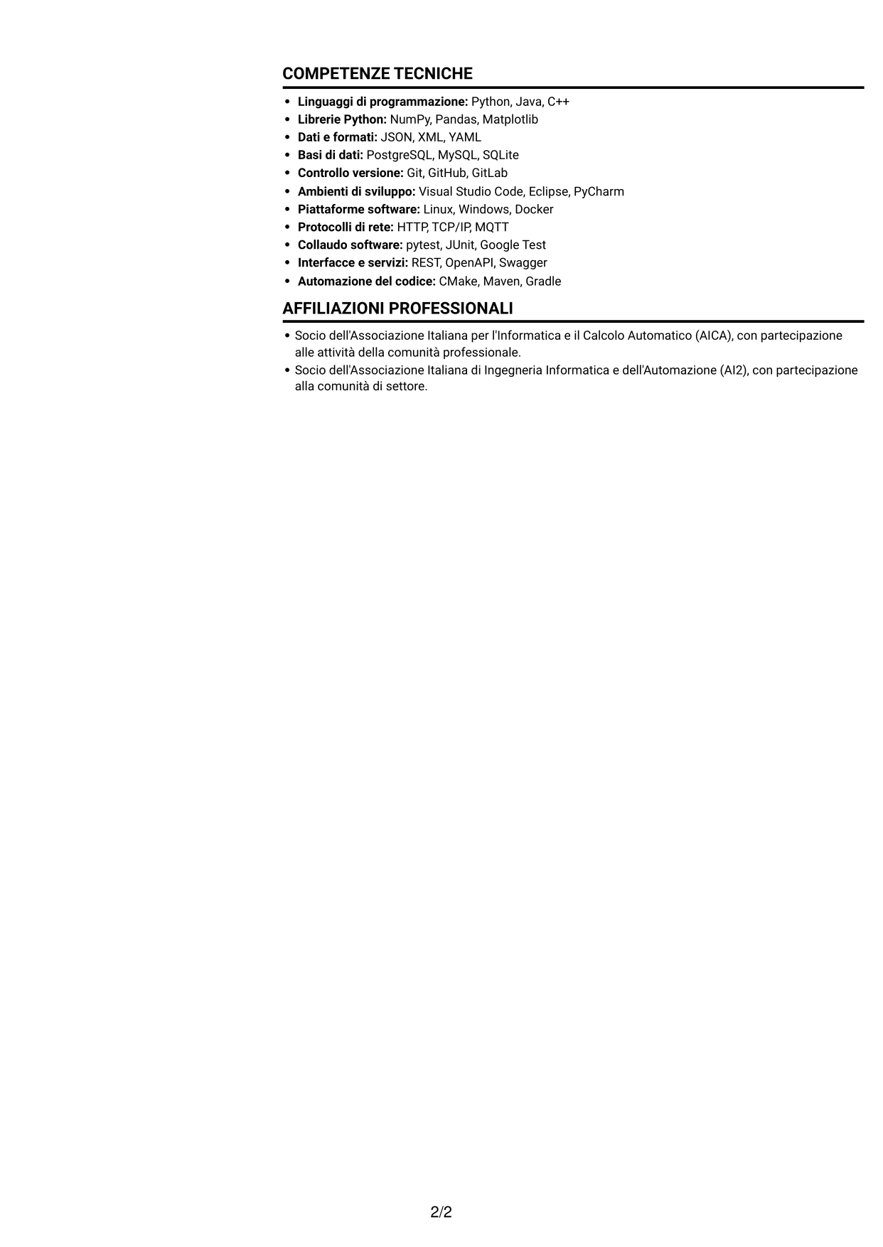 CV Compatto (formato sobrio a due colonne con foto): Sviluppatore software - Monitoraggio e controllo del trattamento dell'acqua, pagina 2