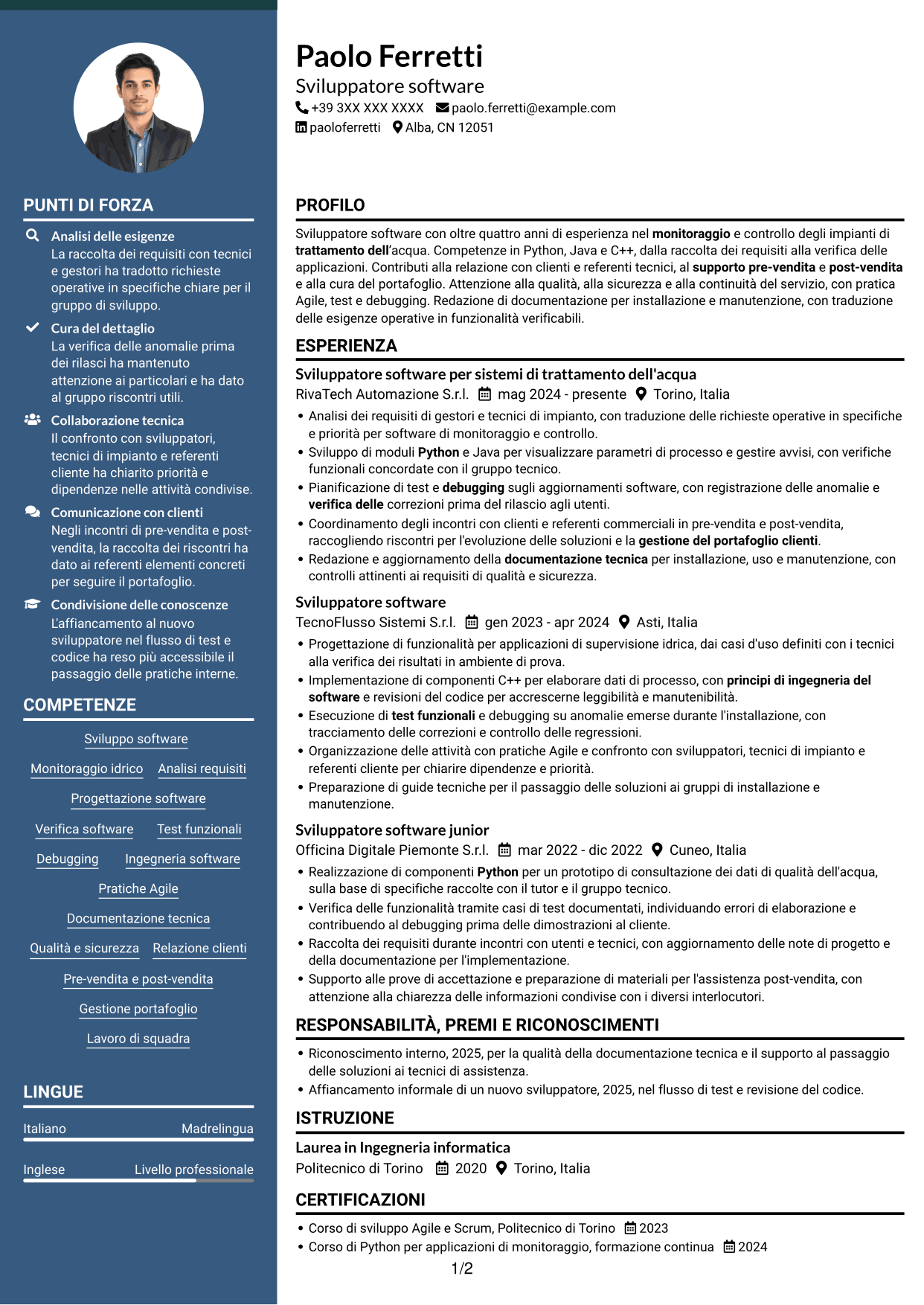 CV Elegante (formato con colonna laterale colorata e foto): Sviluppatore software - Monitoraggio e controllo del trattamento dell'acqua, pagina 1