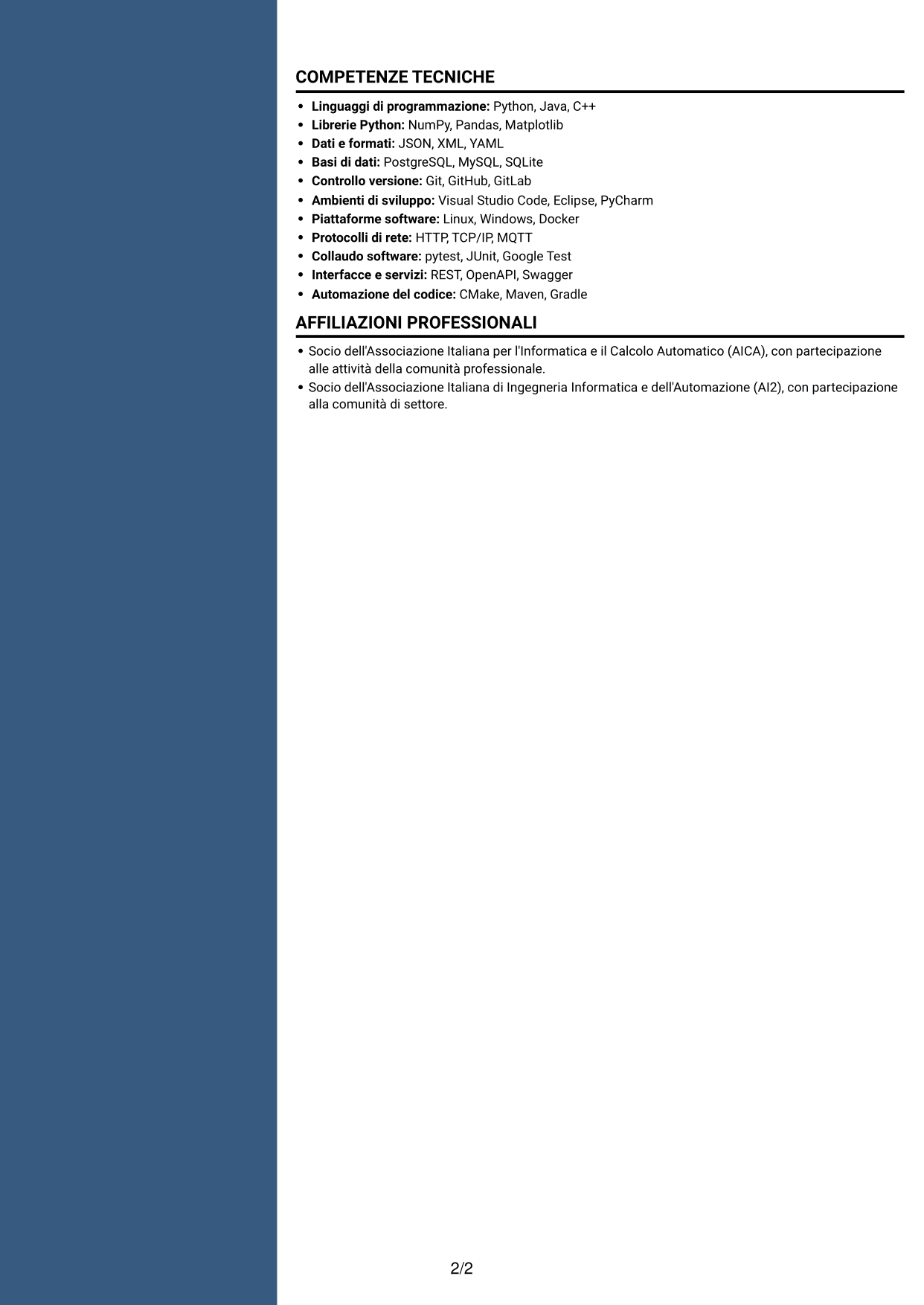 CV Elegante (formato con colonna laterale colorata e foto): Sviluppatore software - Monitoraggio e controllo del trattamento dell'acqua, pagina 2