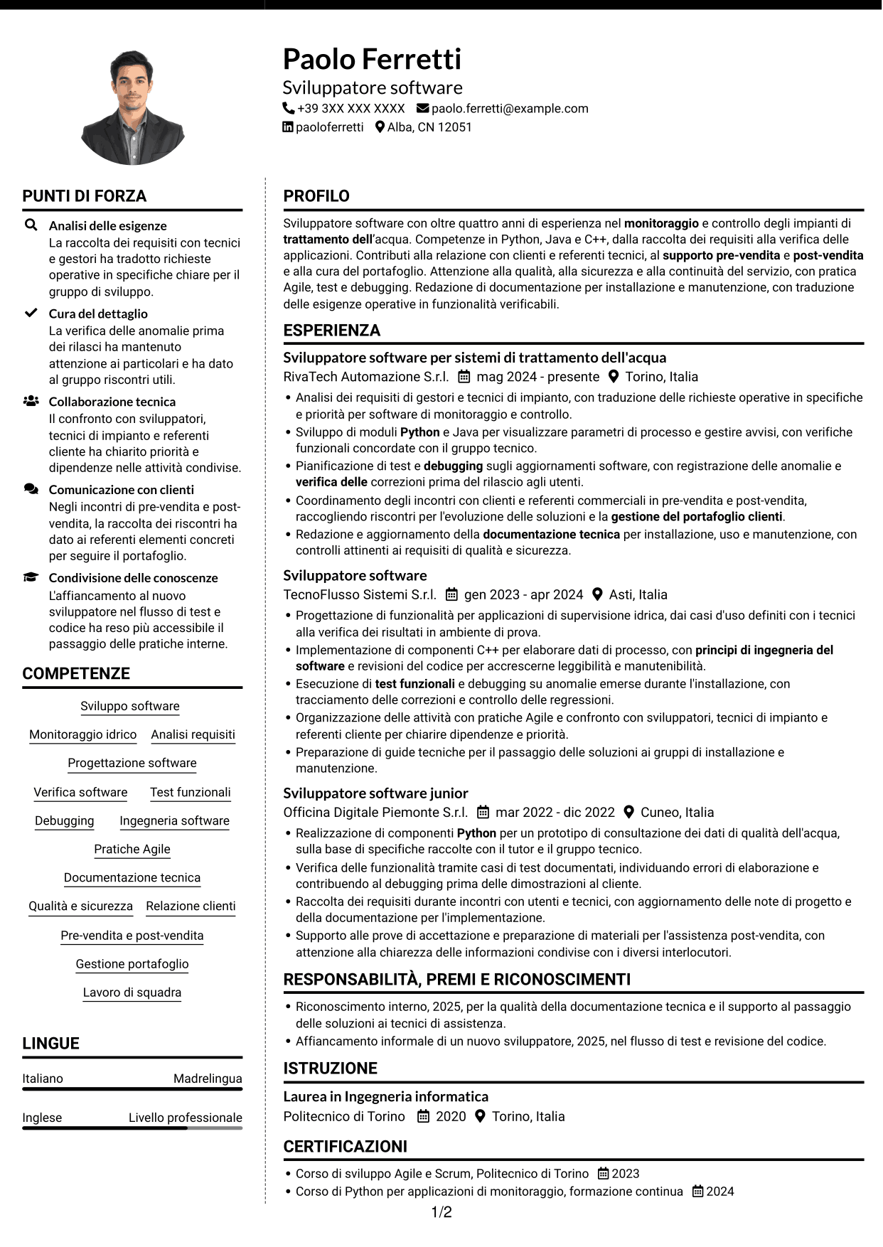 CV Moderno (formato a due colonne con foto a sinistra e separatore): Sviluppatore software - Monitoraggio e controllo del trattamento dell'acqua, pagina 1
