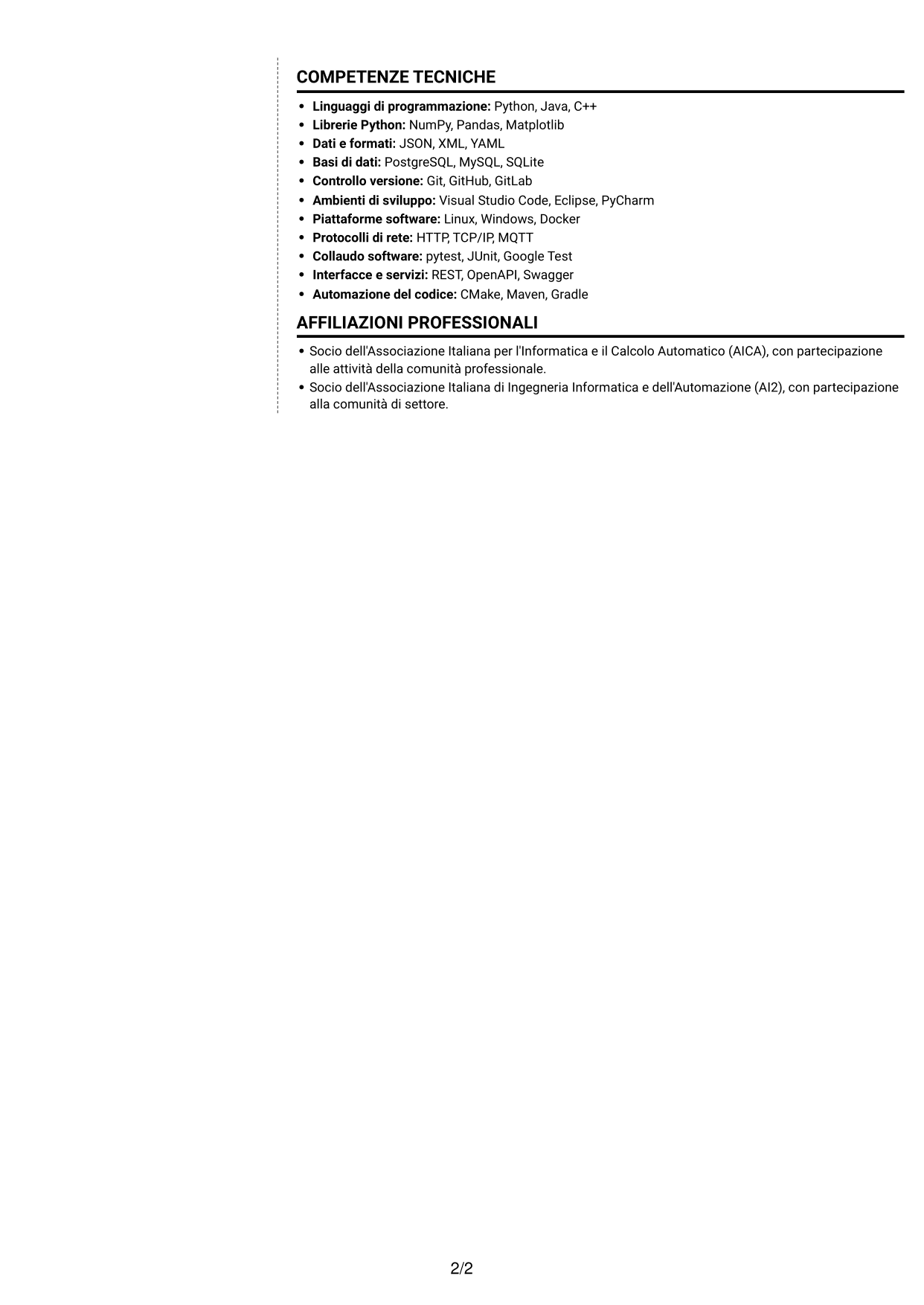 CV Moderno (formato a due colonne con foto a sinistra e separatore): Sviluppatore software - Monitoraggio e controllo del trattamento dell'acqua, pagina 2