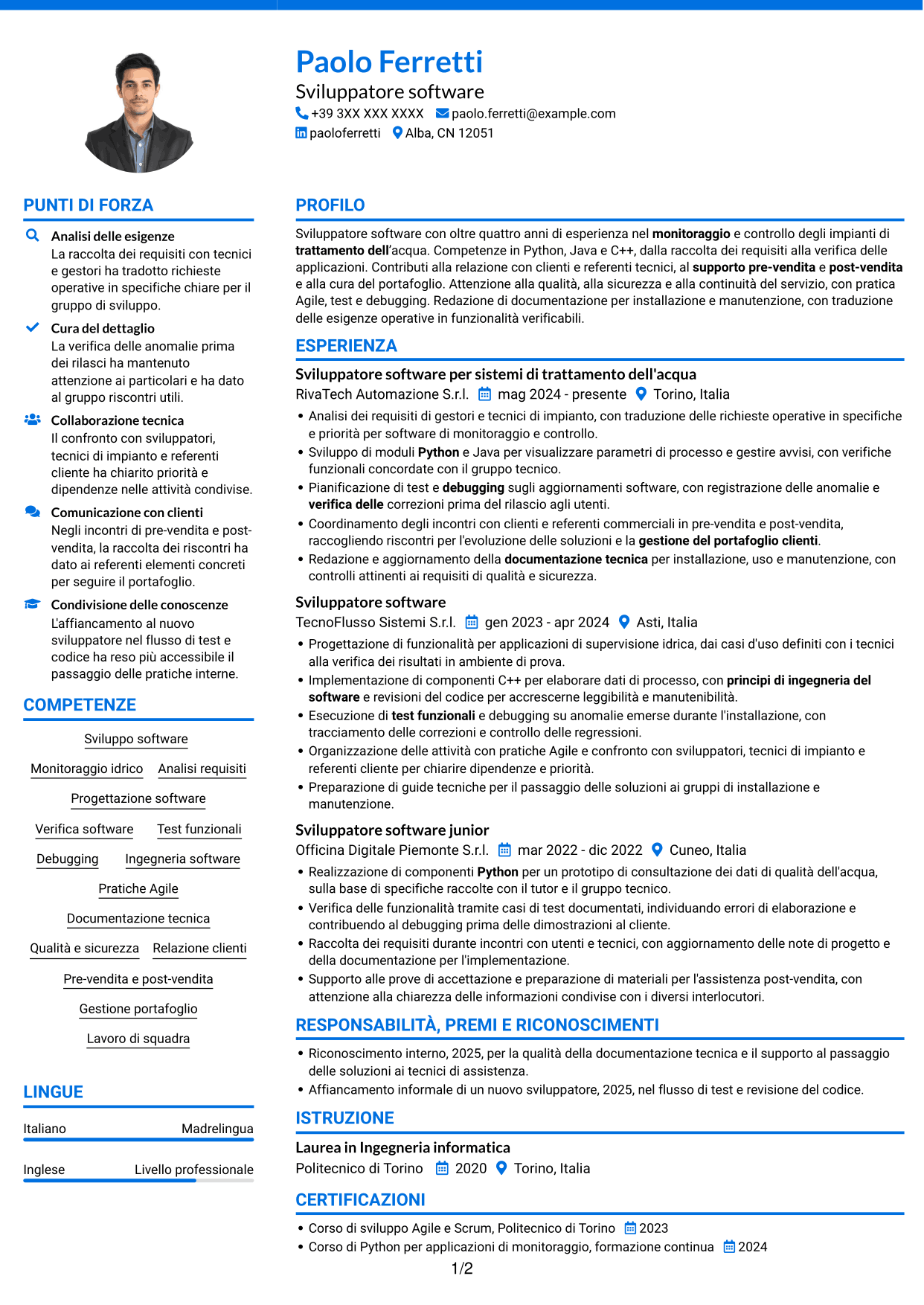 CV Audace (formato a due colonne con accenti colorati e foto): Sviluppatore software - Monitoraggio e controllo del trattamento dell'acqua, pagina 1