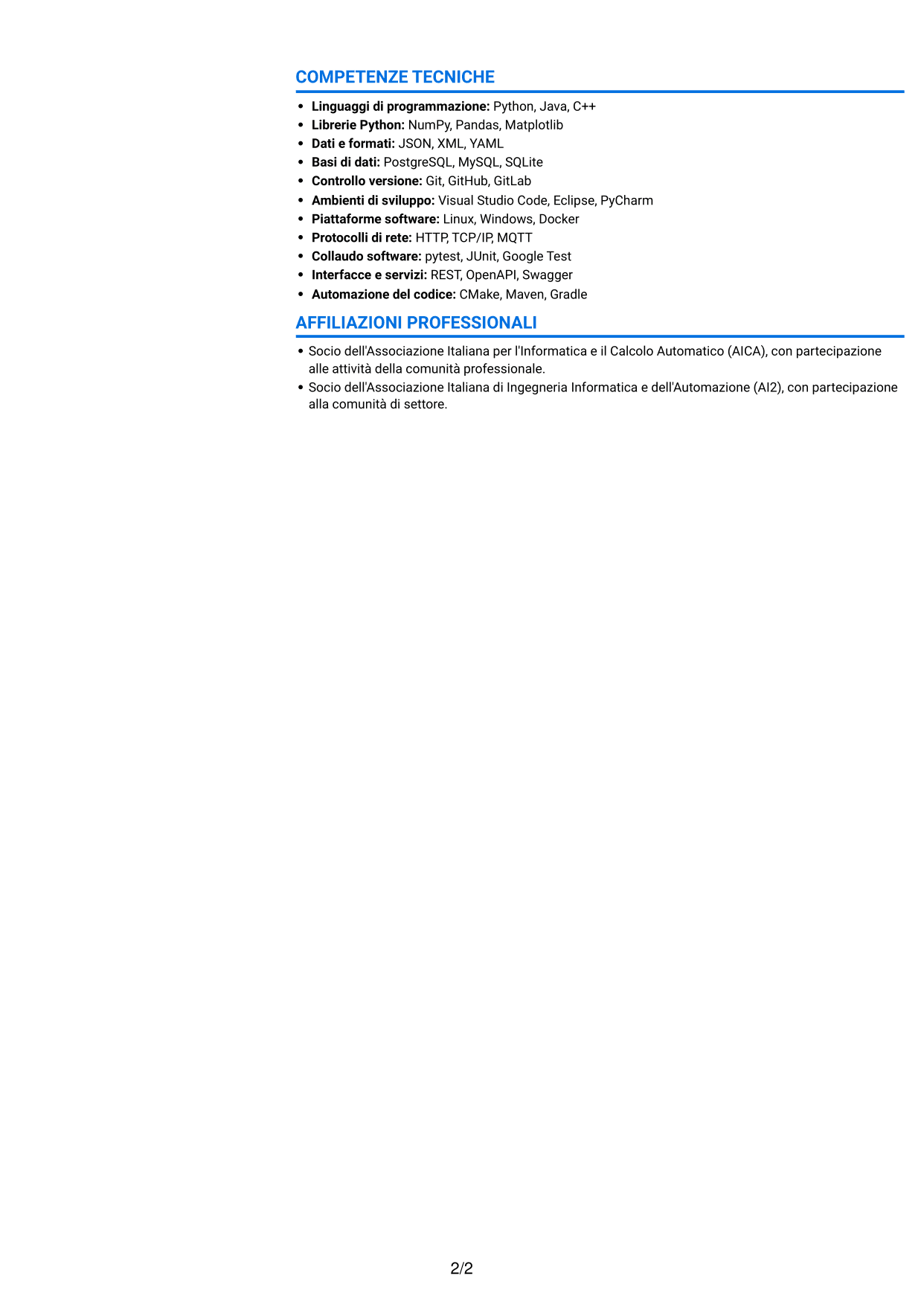 CV Audace (formato a due colonne con accenti colorati e foto): Sviluppatore software - Monitoraggio e controllo del trattamento dell'acqua, pagina 2