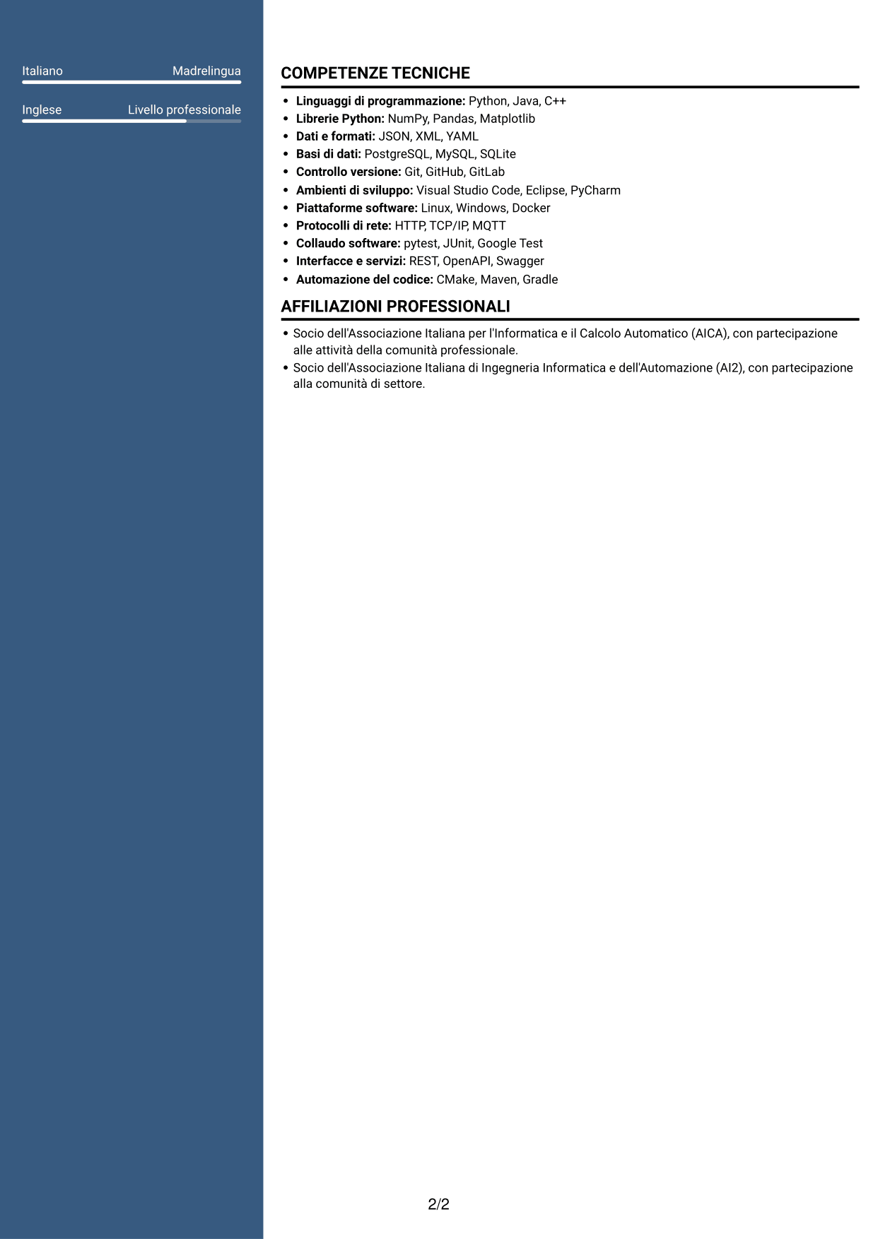 CV Signature (formato con colonna laterale colorata e foto grande): Sviluppatore software - Monitoraggio e controllo del trattamento dell'acqua, pagina 2