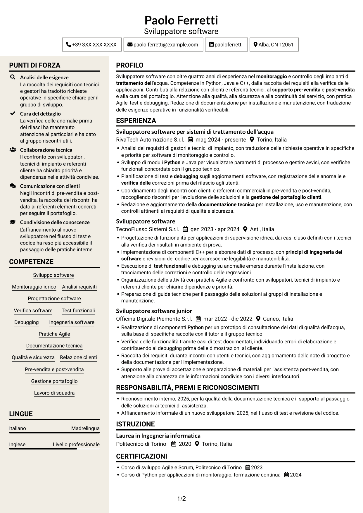 CV Intraprendente (formato a due colonne con intestazione centrata senza foto): Sviluppatore software - Monitoraggio e controllo del trattamento dell'acqua, pagina 1