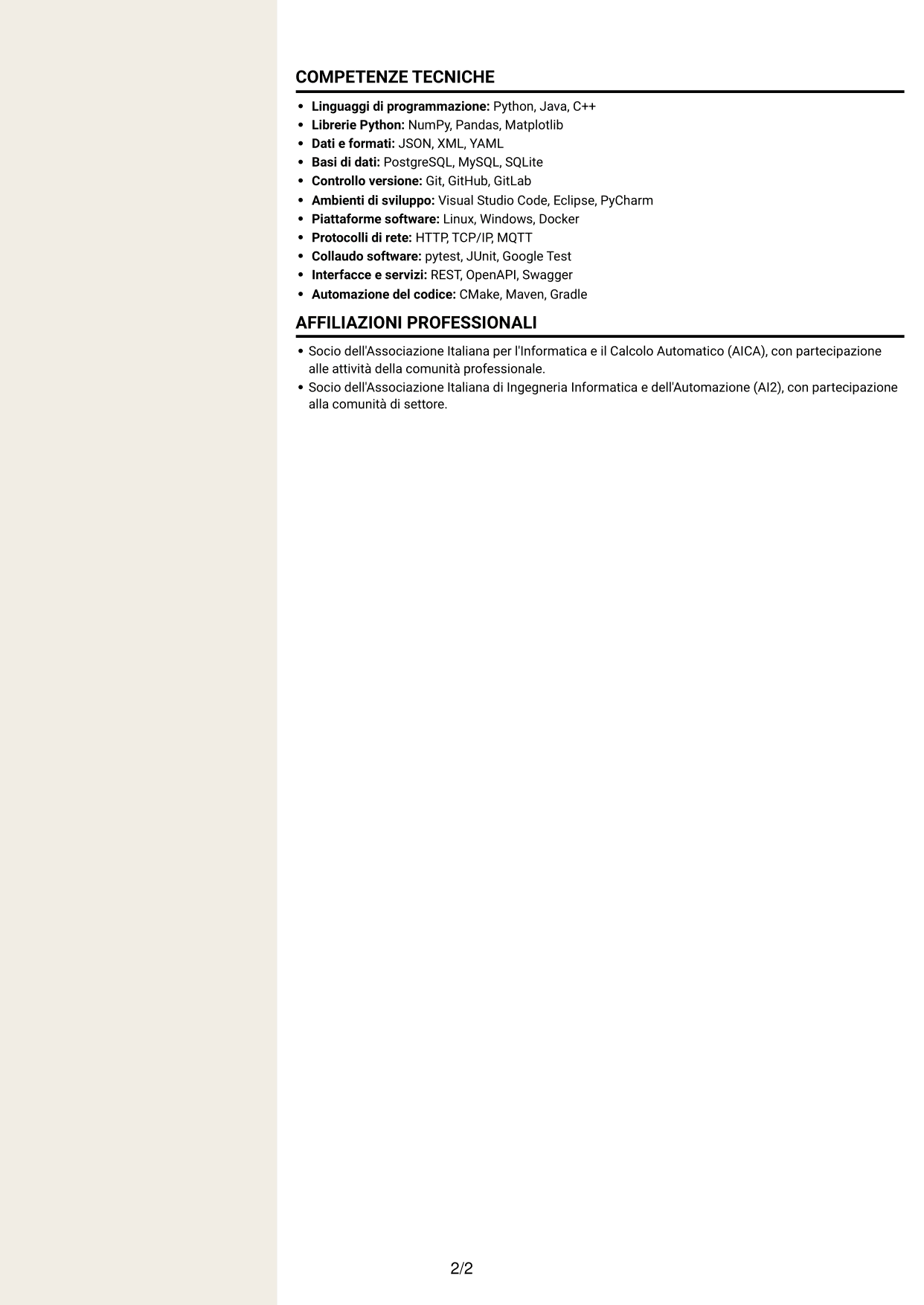 CV Intraprendente (formato a due colonne con intestazione centrata senza foto): Sviluppatore software - Monitoraggio e controllo del trattamento dell'acqua, pagina 2