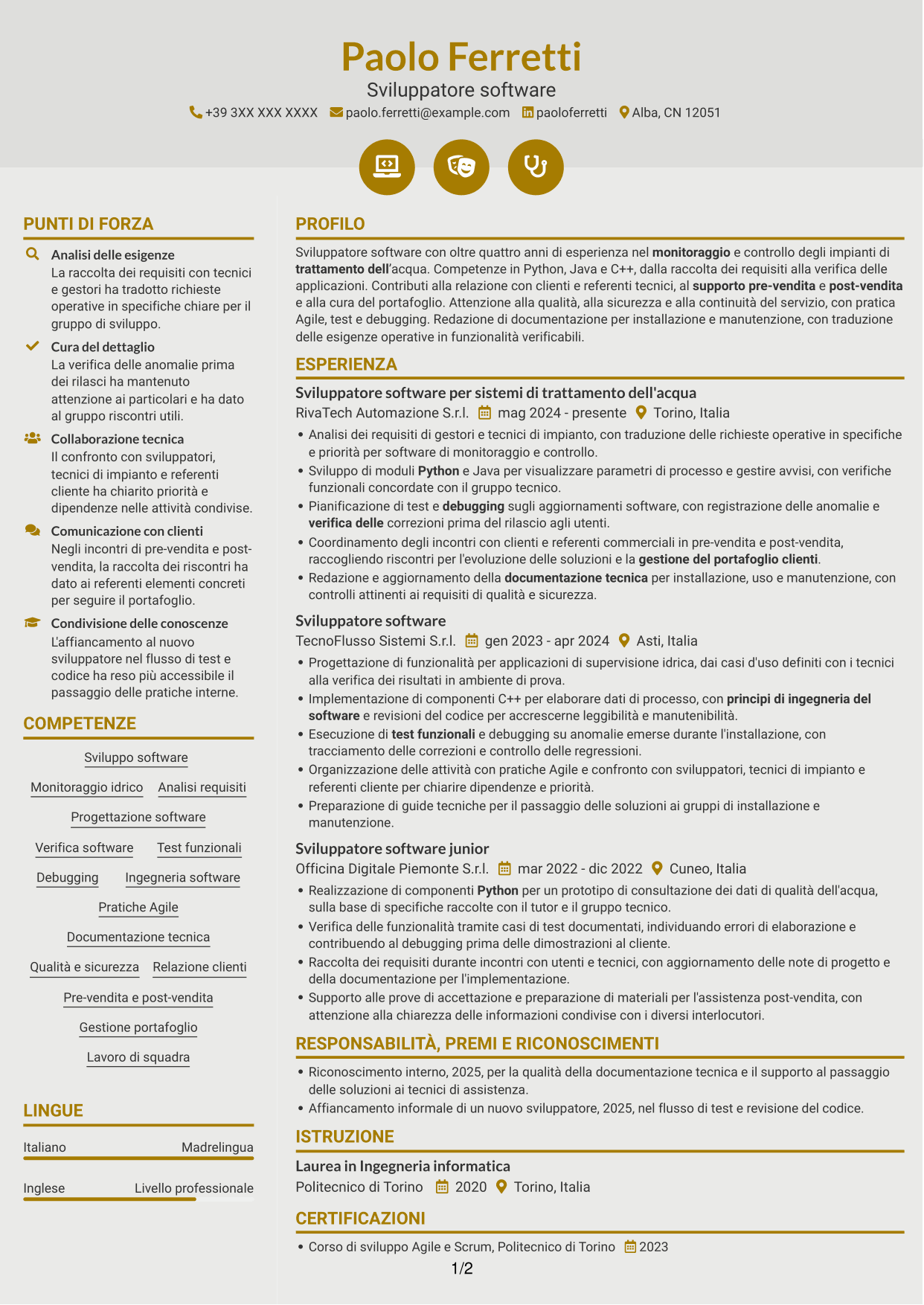 CV Dinamico (formato a due colonne con icone): Sviluppatore software - Monitoraggio e controllo del trattamento dell'acqua, pagina 1