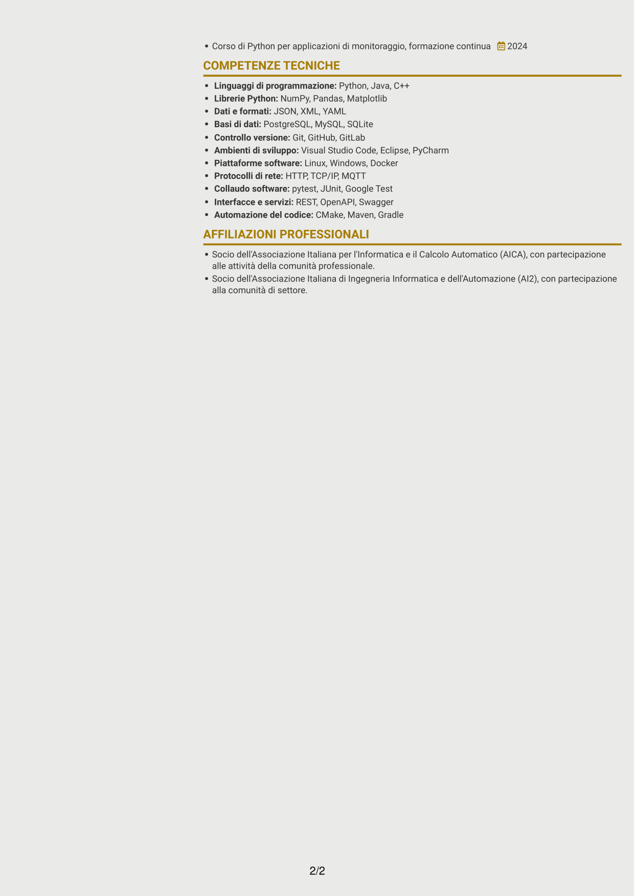 CV Dinamico (formato a due colonne con icone): Sviluppatore software - Monitoraggio e controllo del trattamento dell'acqua, pagina 2