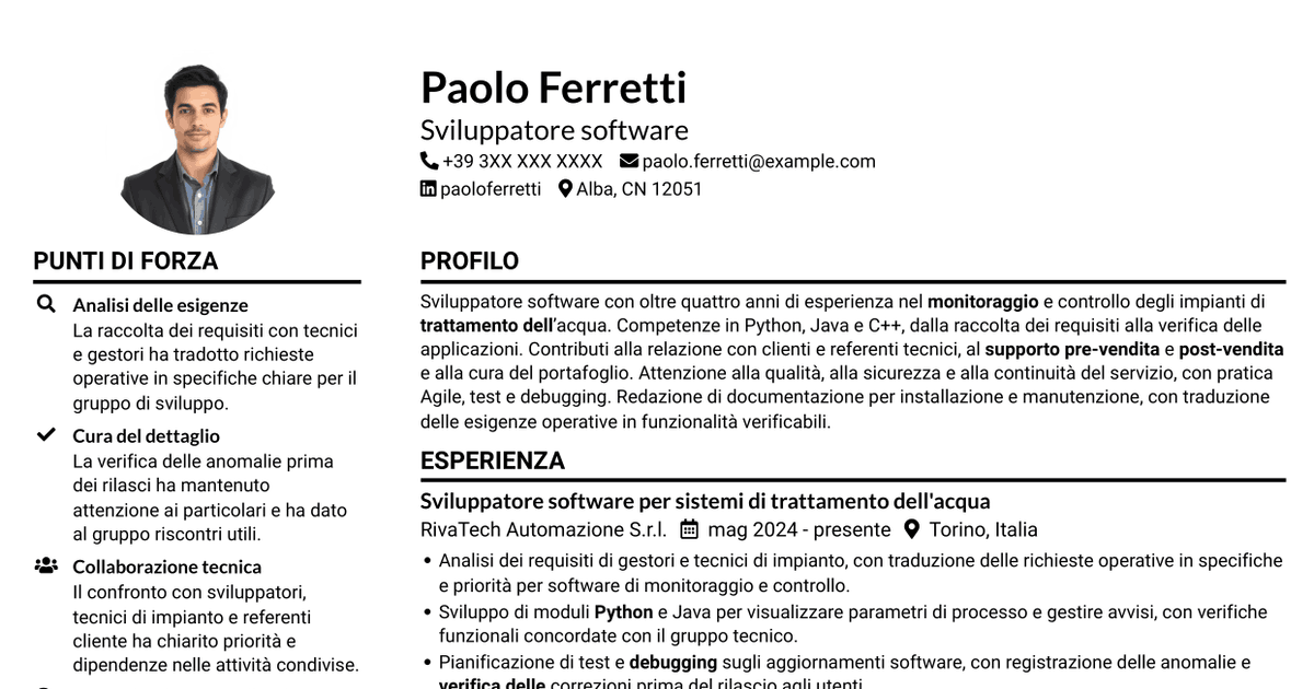7 modelli di CV per Sviluppatore software - Monitoraggio e controllo del trattamento dell'acqua, con esempi