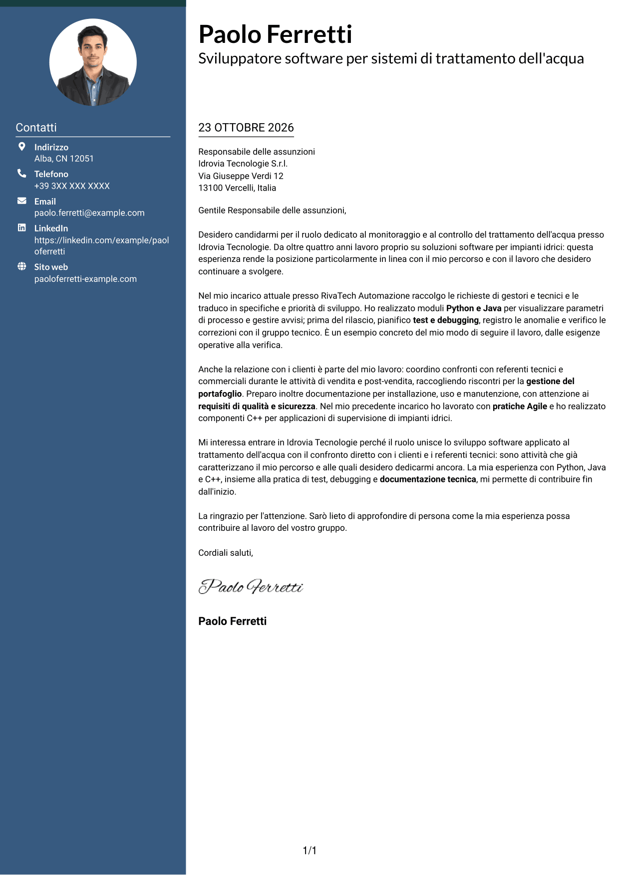 Lettera di presentazione Elegante (formato con colonna laterale colorata e foto): Sviluppatore software - Monitoraggio e controllo del trattamento dell'acqua, pagina 1