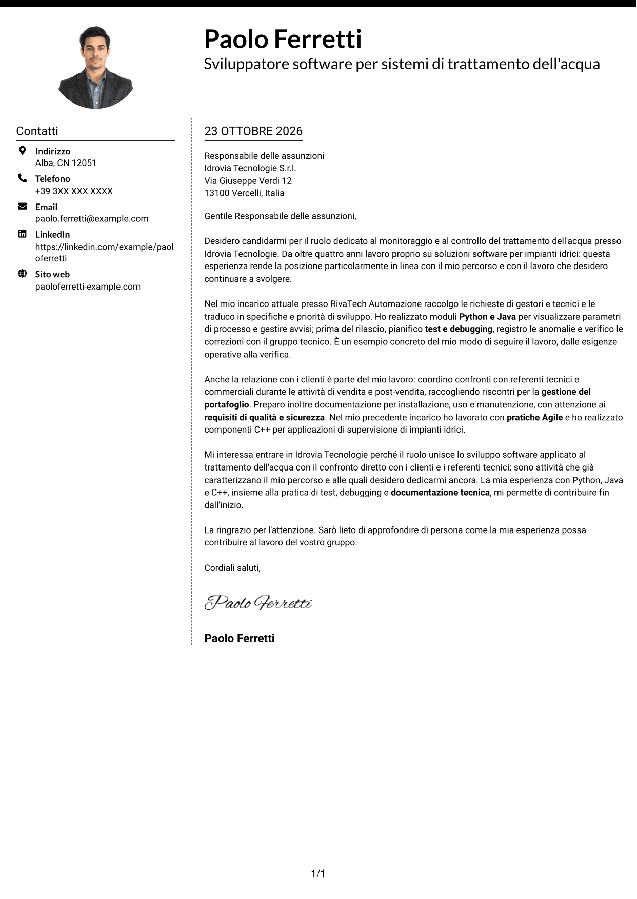 Lettera di presentazione Moderno (formato a due colonne con foto a sinistra e separatore): Sviluppatore software - Monitoraggio e controllo del trattamento dell'acqua, pagina 1