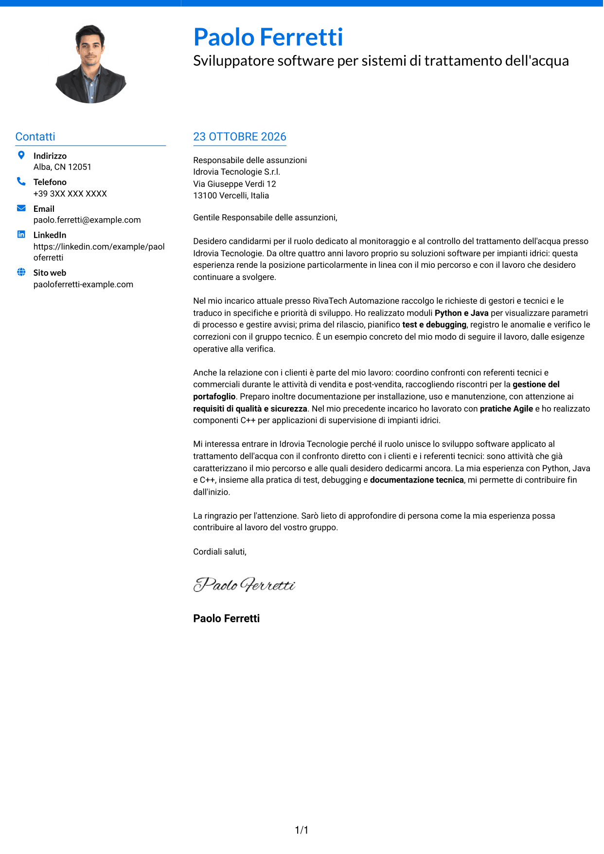 Lettera di presentazione Audace (formato a due colonne con accenti colorati e foto): Sviluppatore software - Monitoraggio e controllo del trattamento dell'acqua, pagina 1