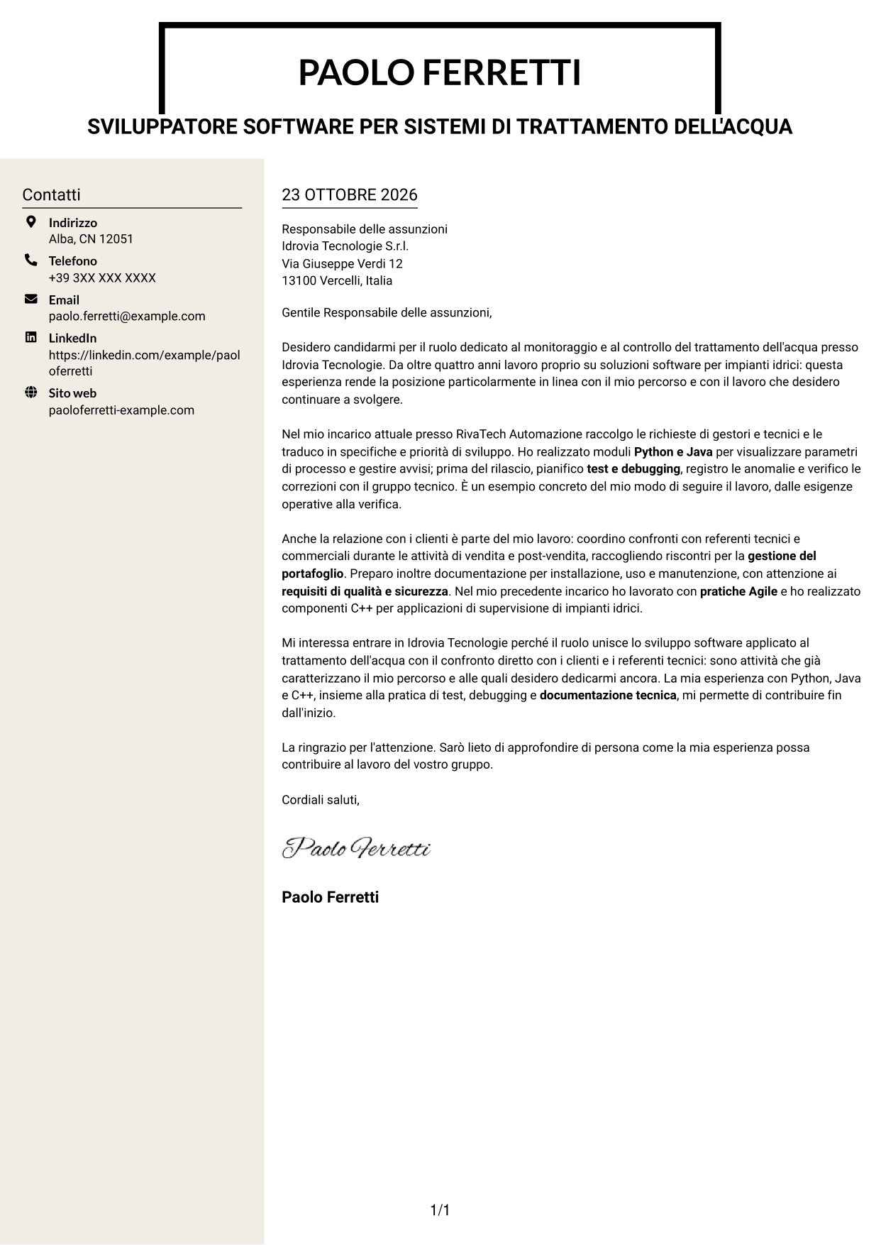 Lettera di presentazione Intraprendente (formato a due colonne con intestazione centrata senza foto): Sviluppatore software - Monitoraggio e controllo del trattamento dell'acqua, pagina 1