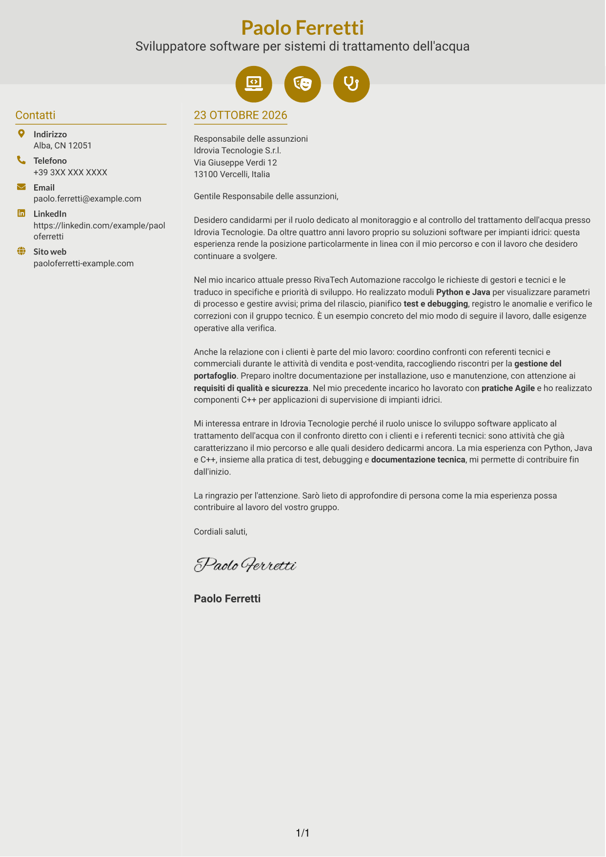 Lettera di presentazione Dinamico (formato a due colonne con icone): Sviluppatore software - Monitoraggio e controllo del trattamento dell'acqua, pagina 1