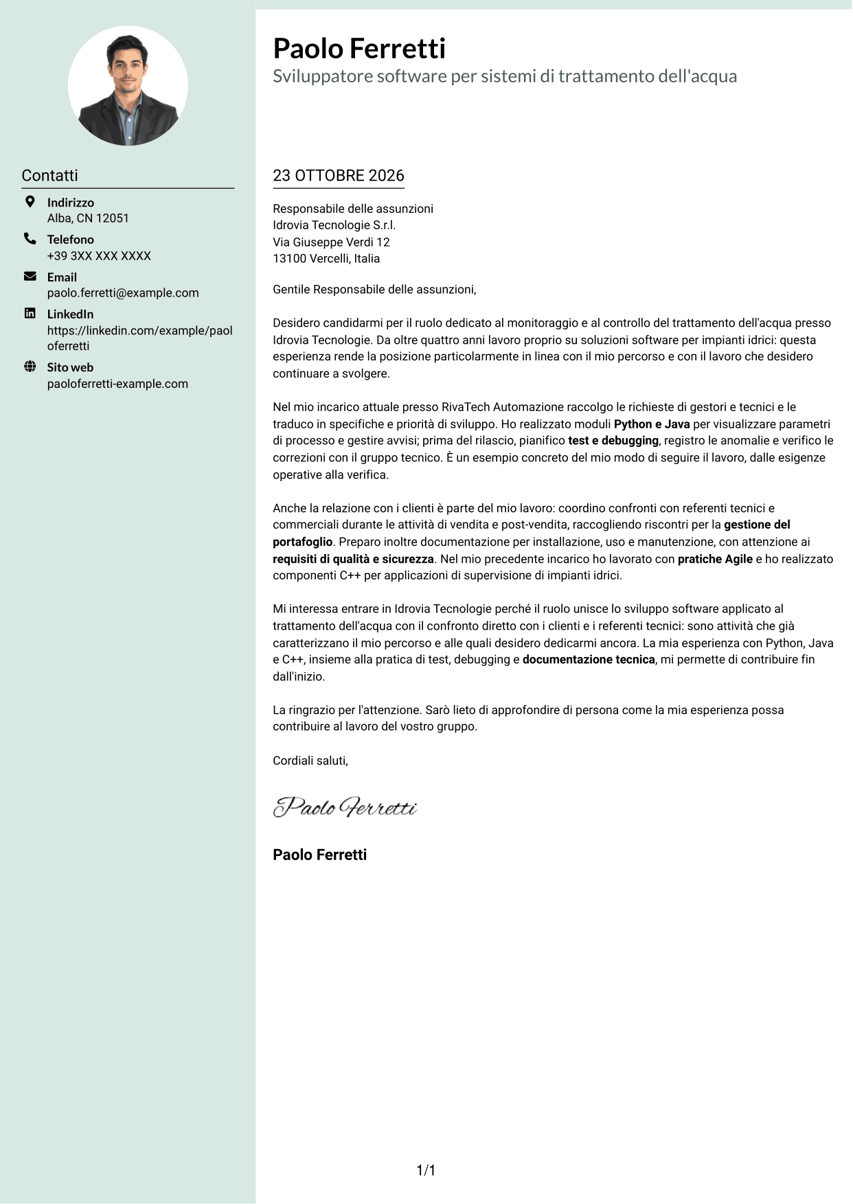 Lettera di presentazione Dirigente (formato con colonna laterale tenue e foto arrotondata): Sviluppatore software - Monitoraggio e controllo del trattamento dell'acqua, pagina 1