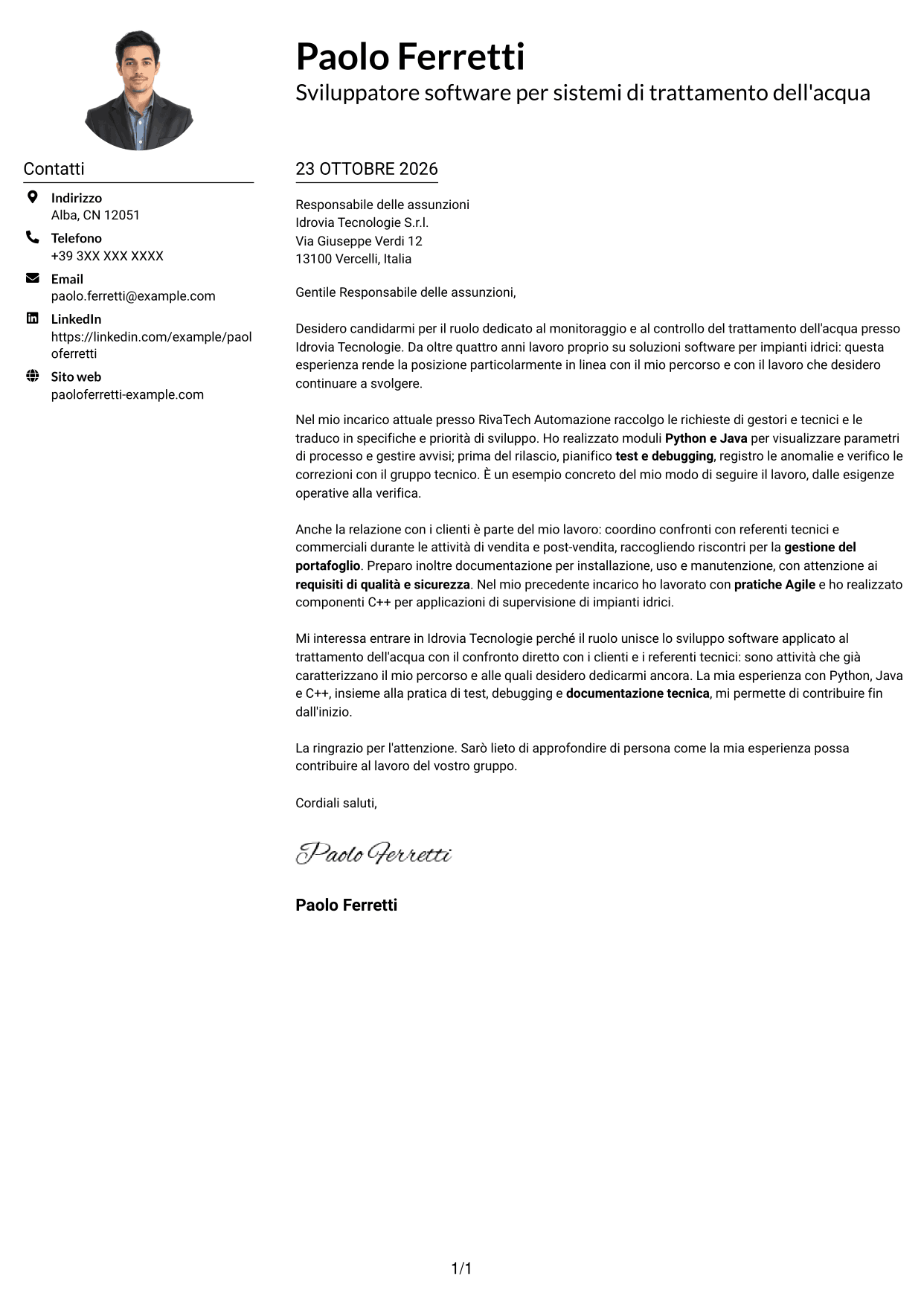 Esempio di lettera di presentazione — pagina 1