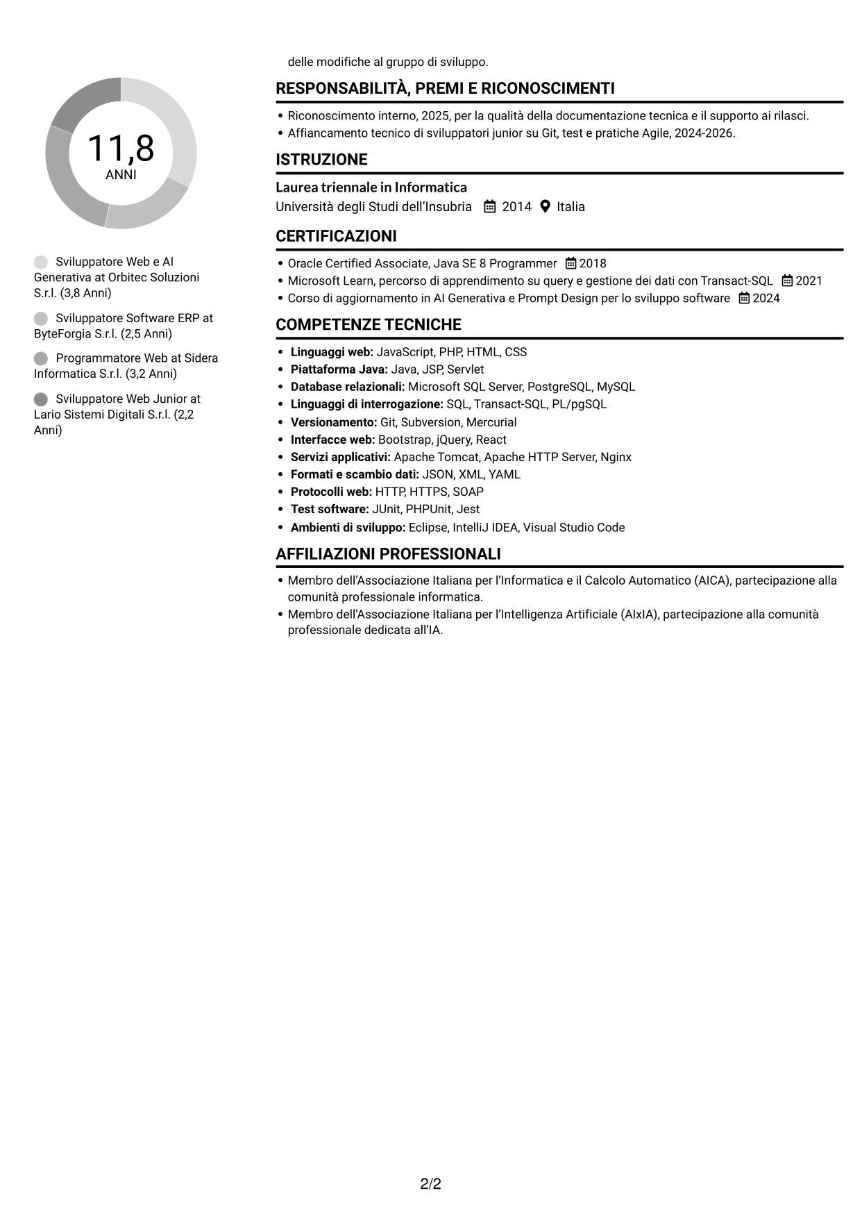 CV Compatto (formato sobrio a due colonne con foto): Sviluppatore Web e Intelligenza Artificiale Generativa, pagina 2