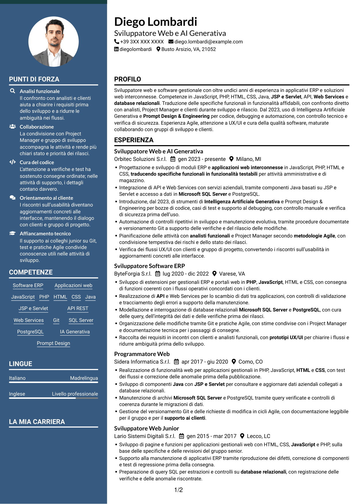 CV Elegante (formato con colonna laterale colorata e foto): Sviluppatore Web e Intelligenza Artificiale Generativa, pagina 1