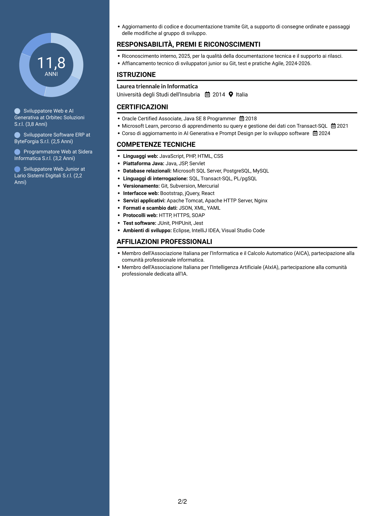 CV Elegante (formato con colonna laterale colorata e foto): Sviluppatore Web e Intelligenza Artificiale Generativa, pagina 2