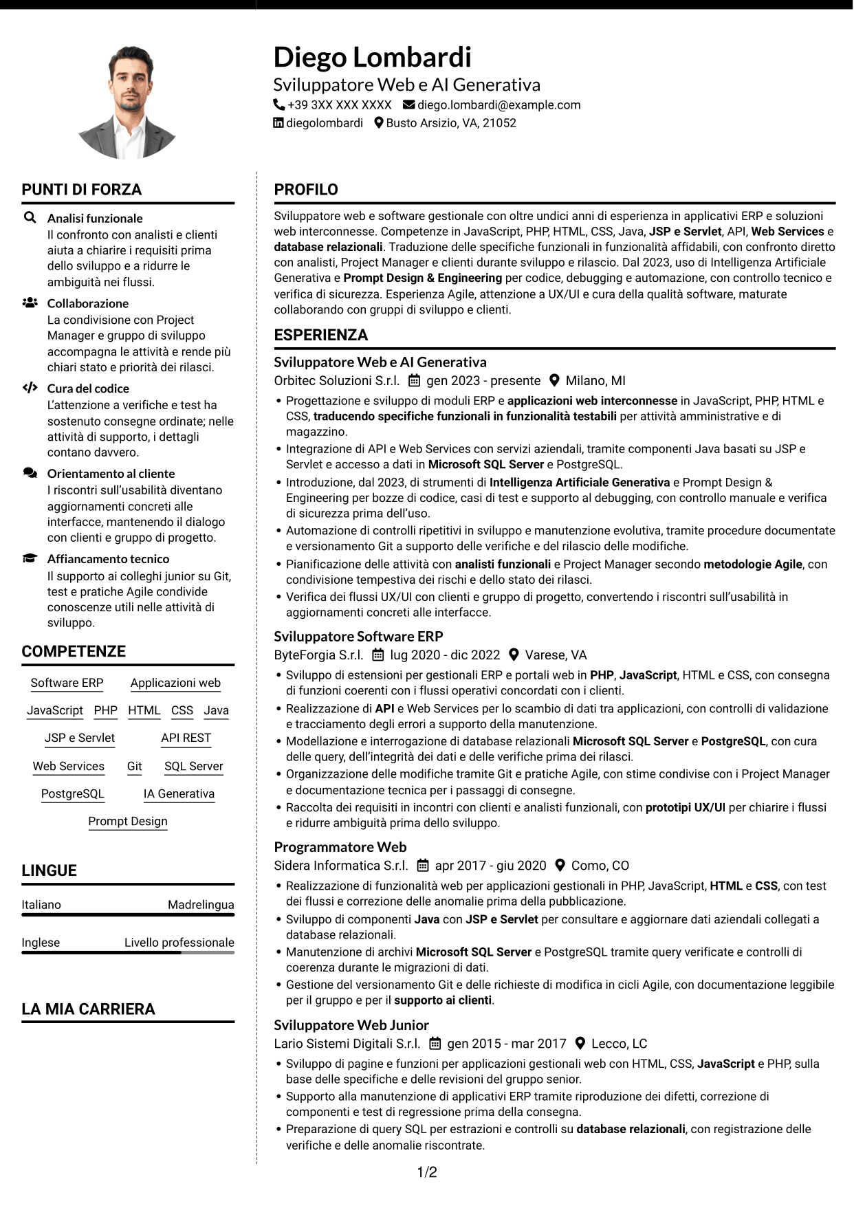 CV Moderno (formato a due colonne con foto a sinistra e separatore): Sviluppatore Web e Intelligenza Artificiale Generativa, pagina 1