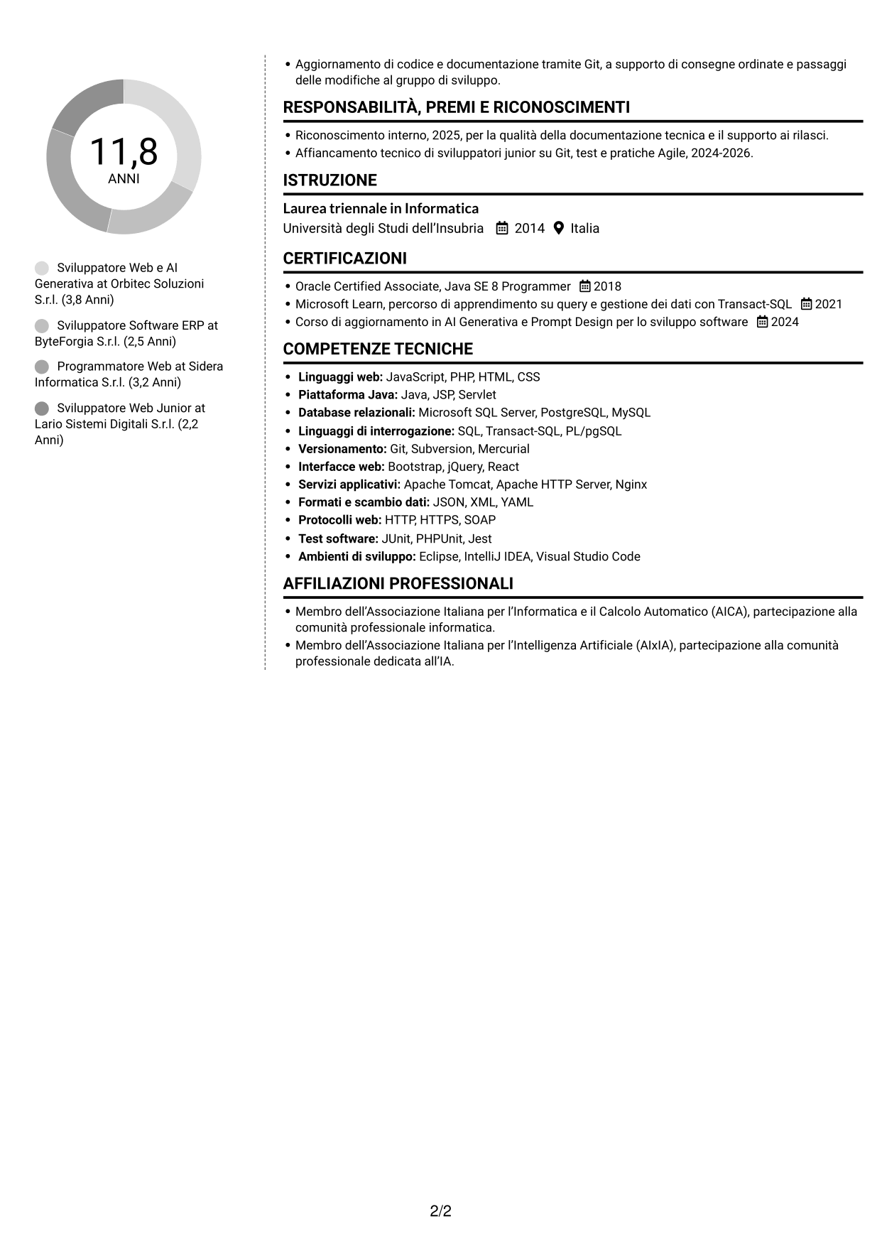 CV Moderno (formato a due colonne con foto a sinistra e separatore): Sviluppatore Web e Intelligenza Artificiale Generativa, pagina 2