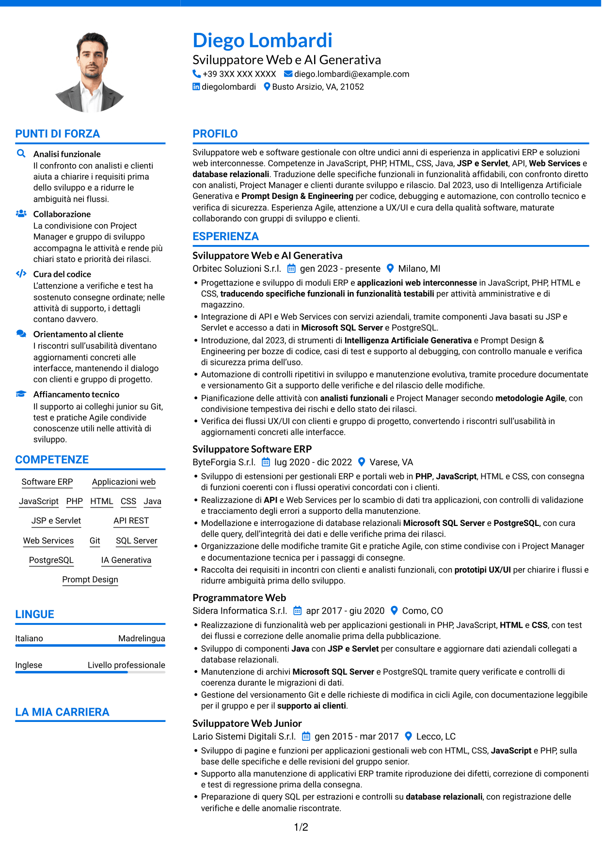 CV Audace (formato a due colonne con accenti colorati e foto): Sviluppatore Web e Intelligenza Artificiale Generativa, pagina 1