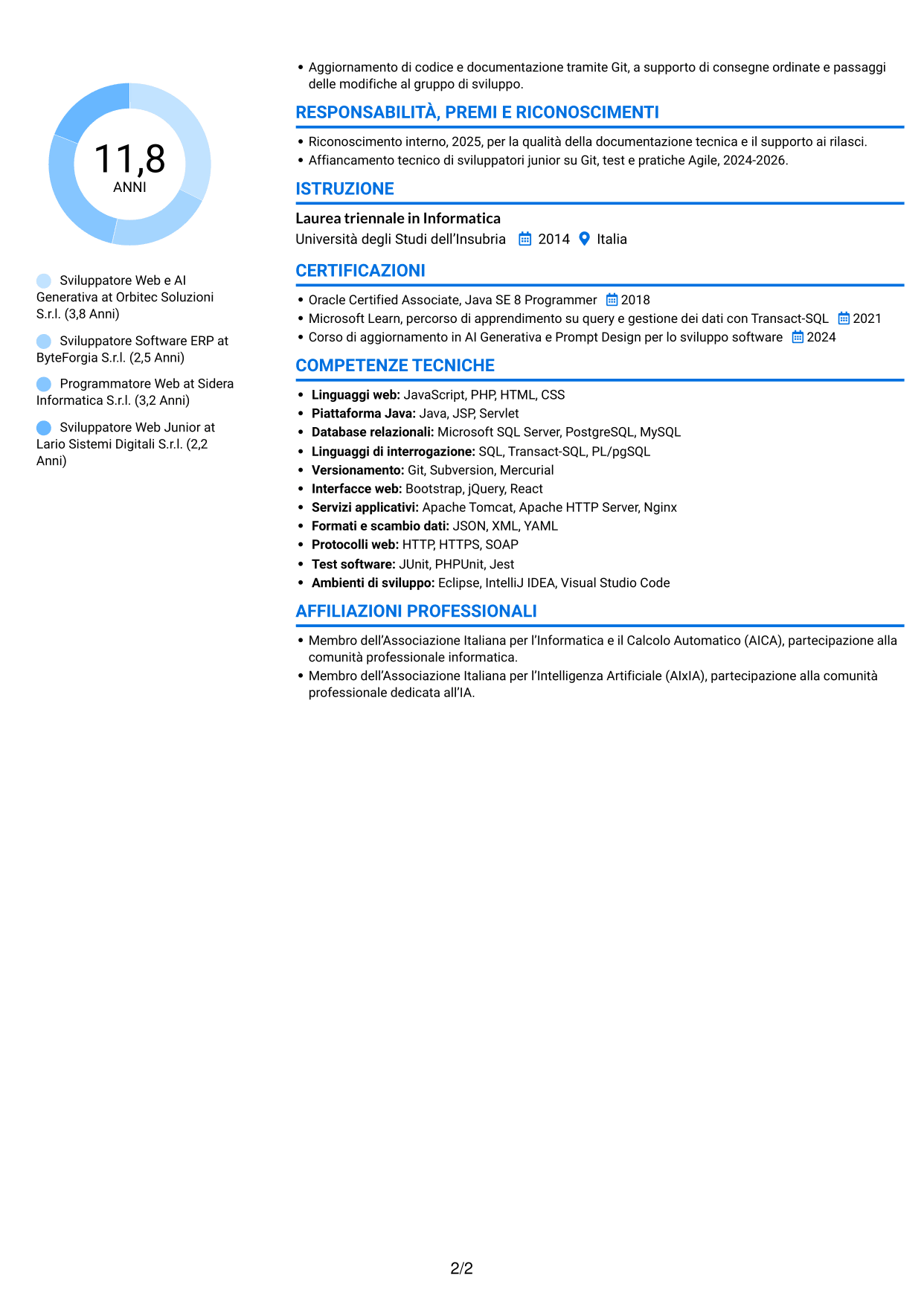 CV Audace (formato a due colonne con accenti colorati e foto): Sviluppatore Web e Intelligenza Artificiale Generativa, pagina 2