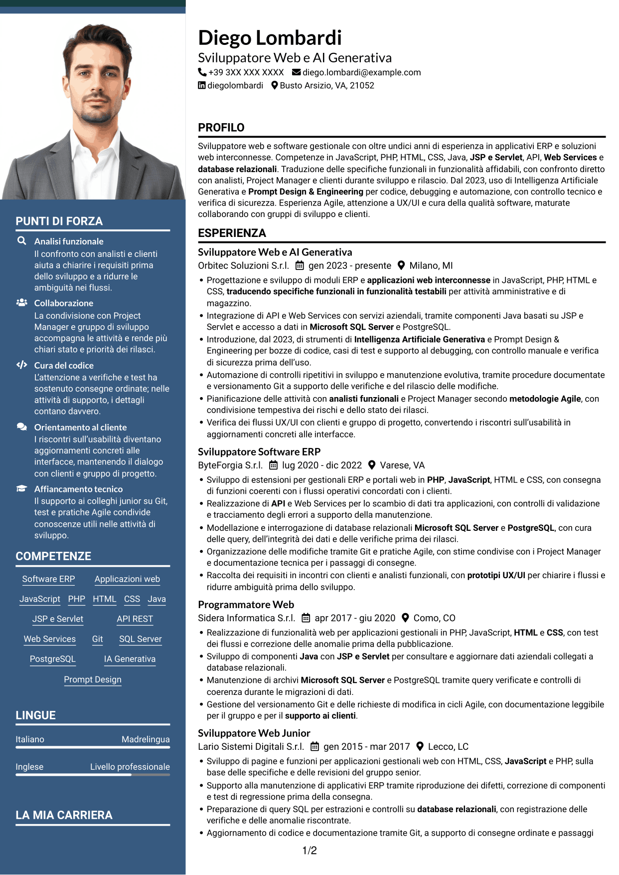 CV Signature (formato con colonna laterale colorata e foto grande): Sviluppatore Web e Intelligenza Artificiale Generativa, pagina 1
