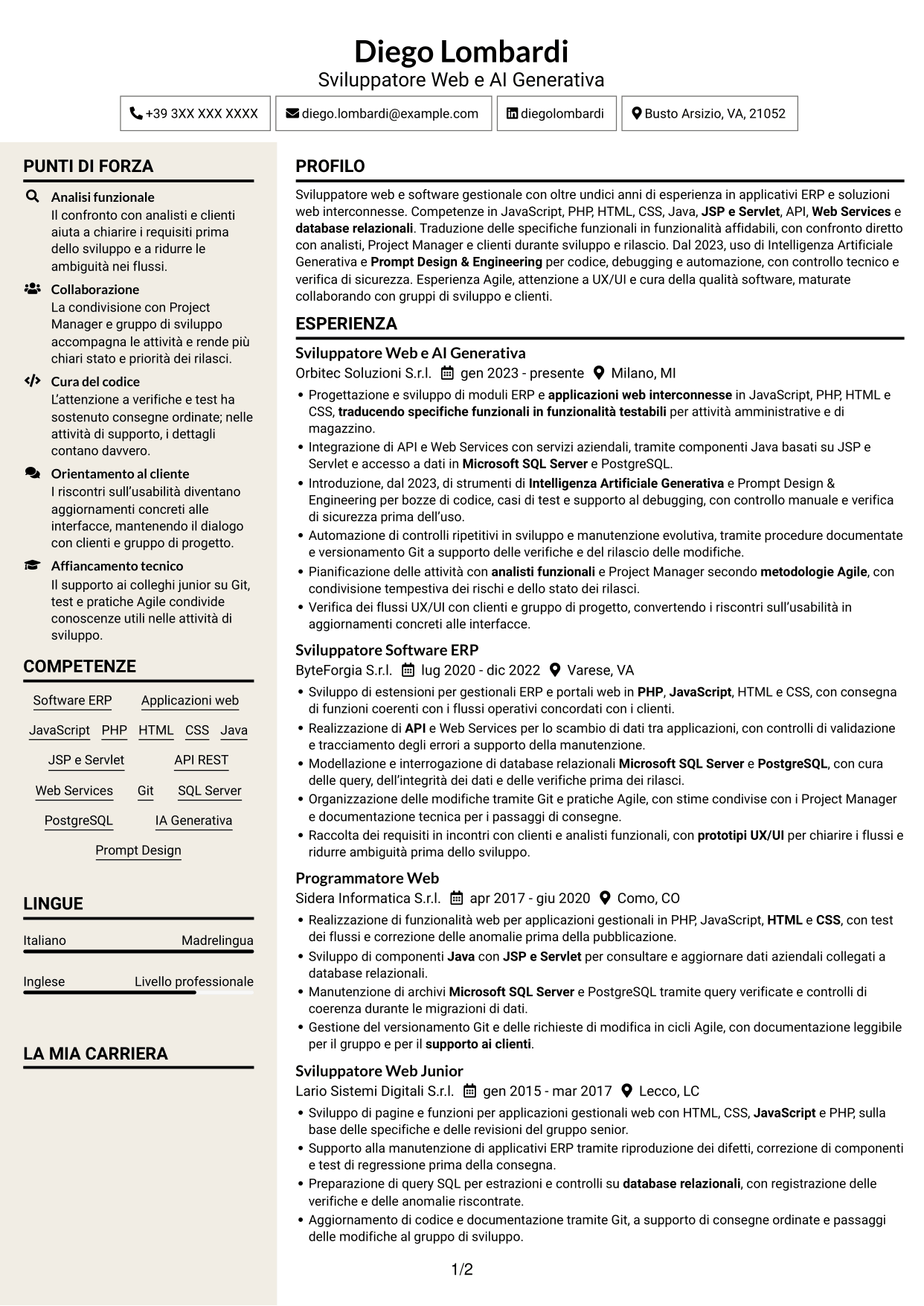 CV Intraprendente (formato a due colonne con intestazione centrata senza foto): Sviluppatore Web e Intelligenza Artificiale Generativa, pagina 1