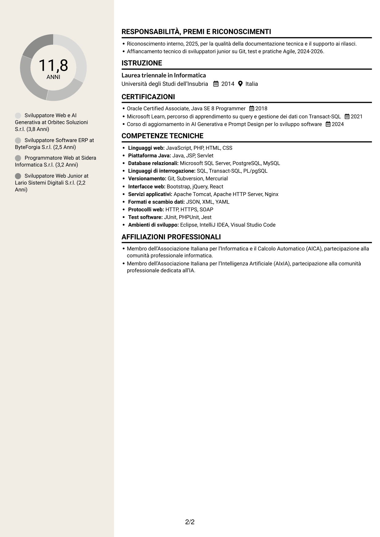 CV Intraprendente (formato a due colonne con intestazione centrata senza foto): Sviluppatore Web e Intelligenza Artificiale Generativa, pagina 2