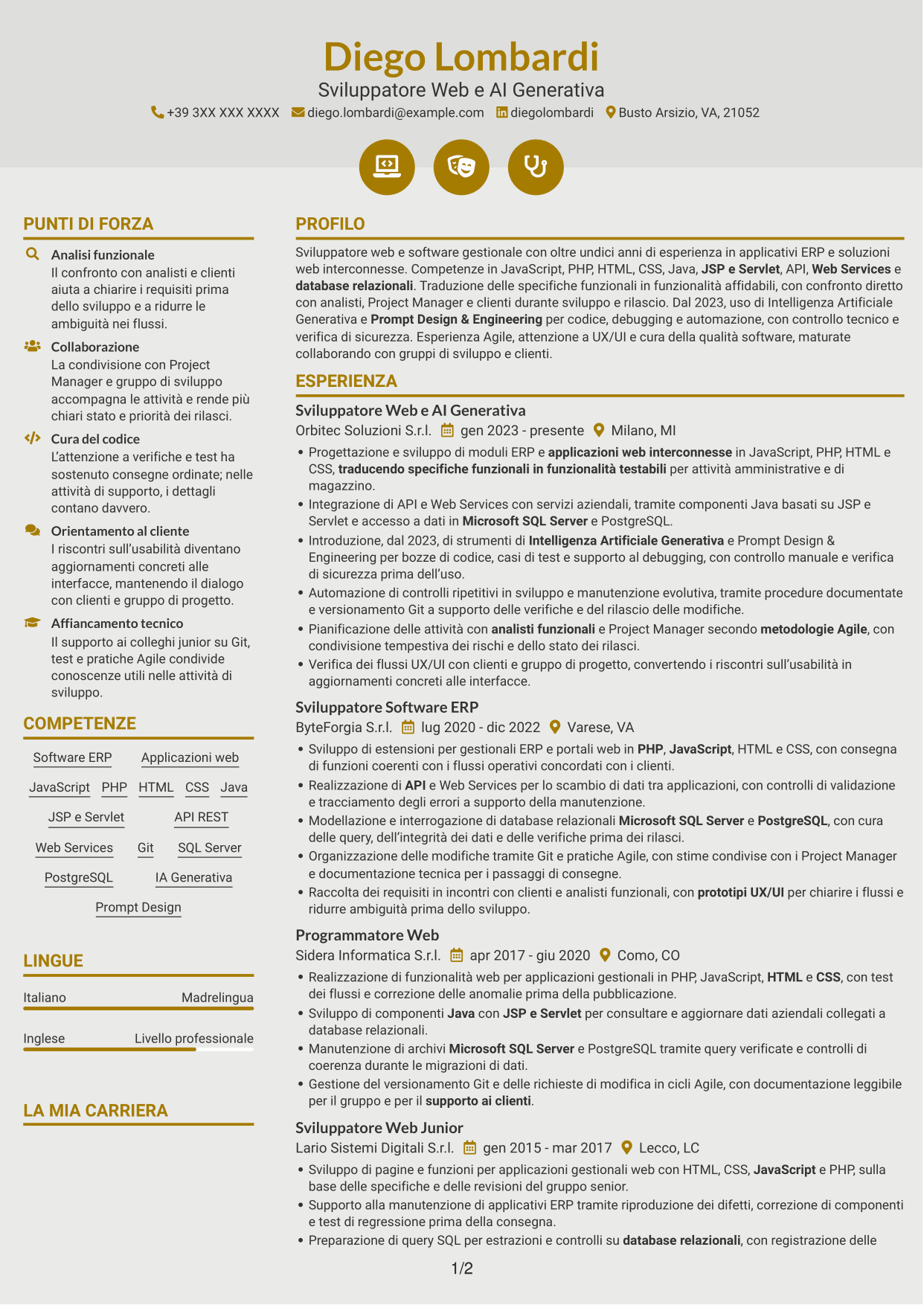 CV Dinamico (formato a due colonne con icone): Sviluppatore Web e Intelligenza Artificiale Generativa, pagina 1
